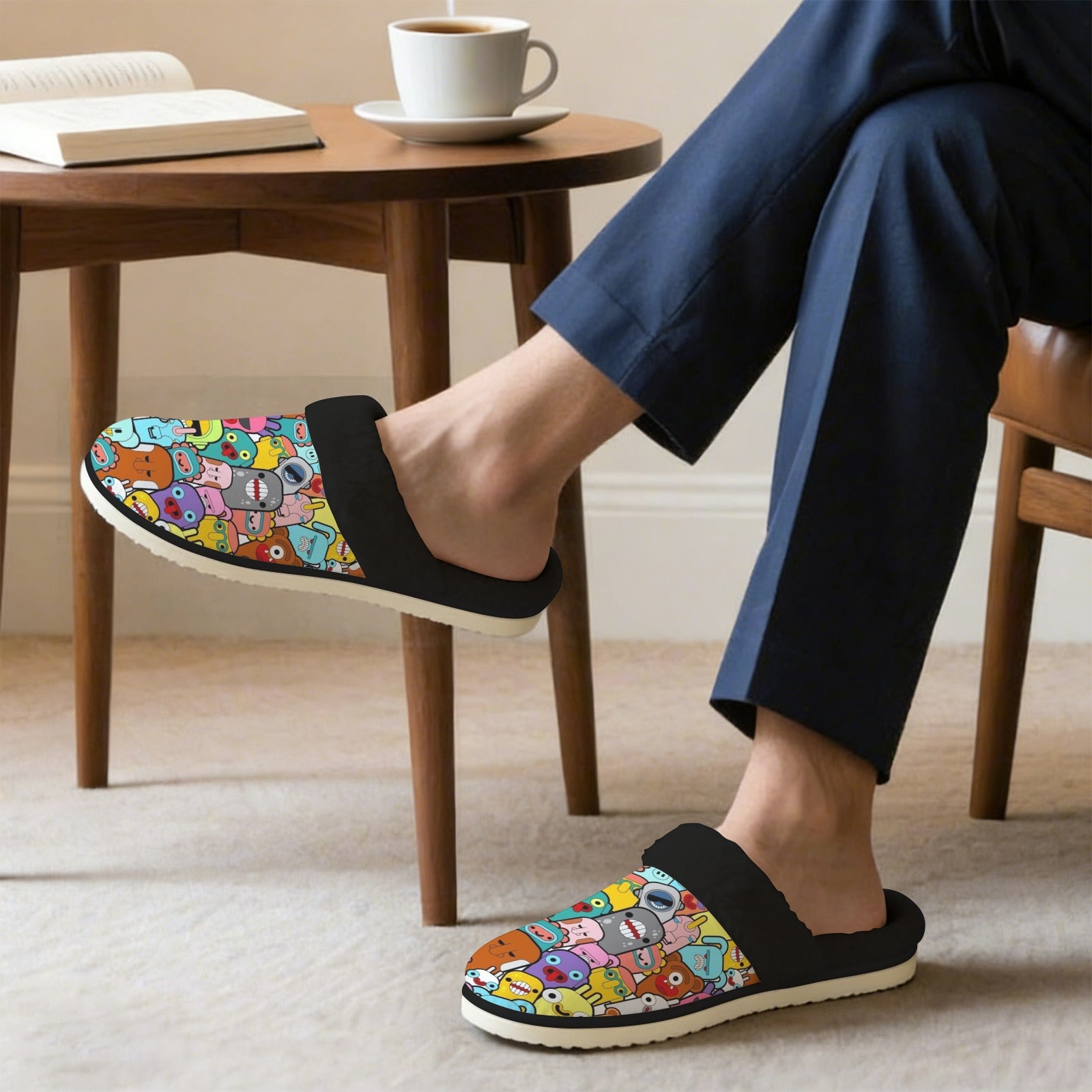 Happy Monsters - Men's Fur Trim Thick-Sole Indoor Slippers Men's Fur Trimmed Slippers Printed Offshore Sci Fi