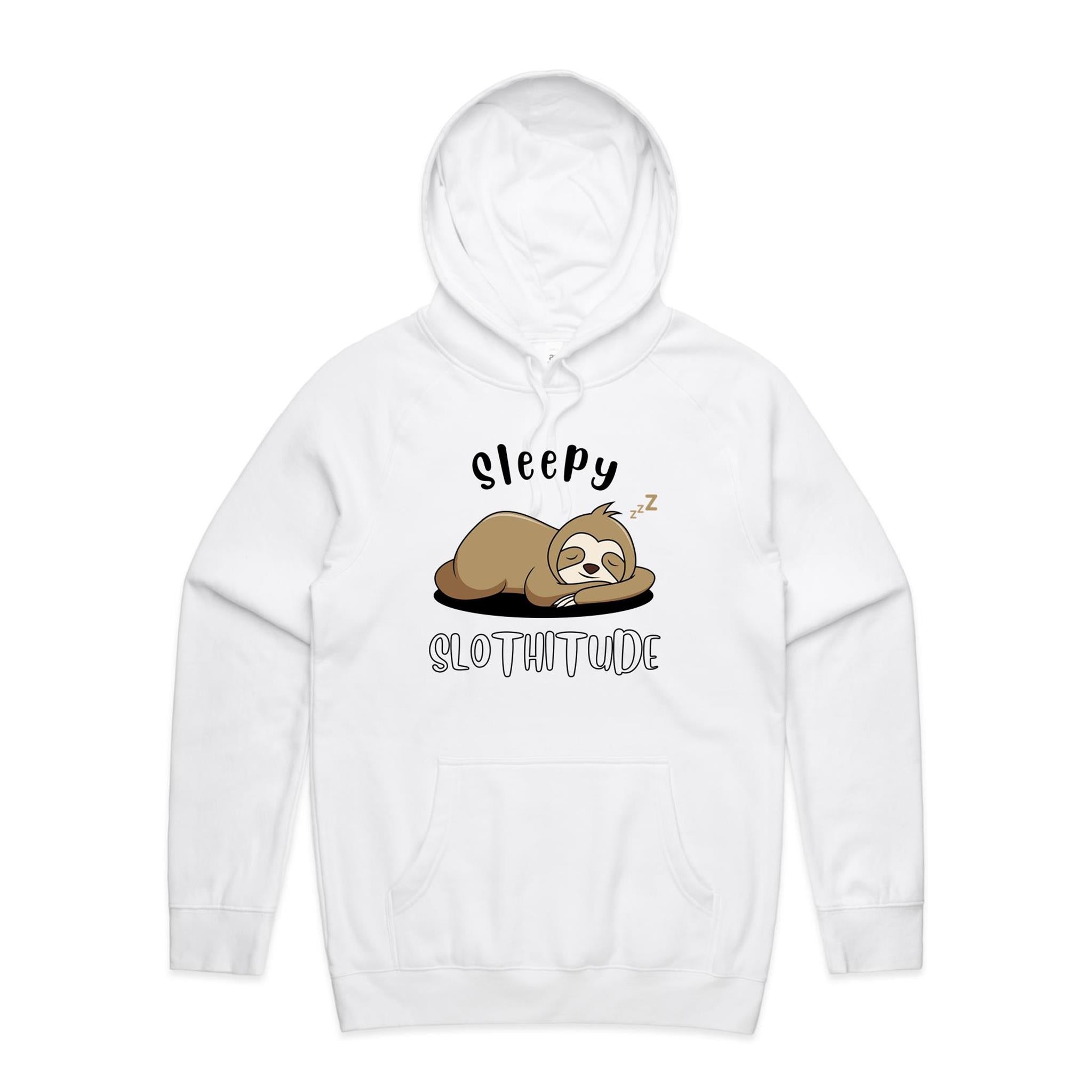 Sleepy Slothitude - Mens Hoodie White Mens Hoodie animal Printed In Australia