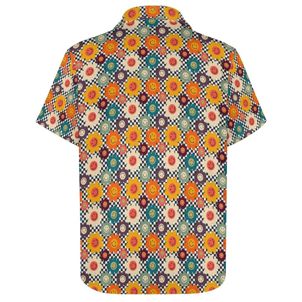 Happy Retro Flowers Women's Collared Pocketless Short Sleeve Shirt
