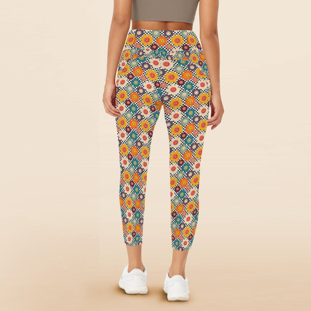 Happy Retro Flowers - Women's High Waist Pockets Yoga Leggings