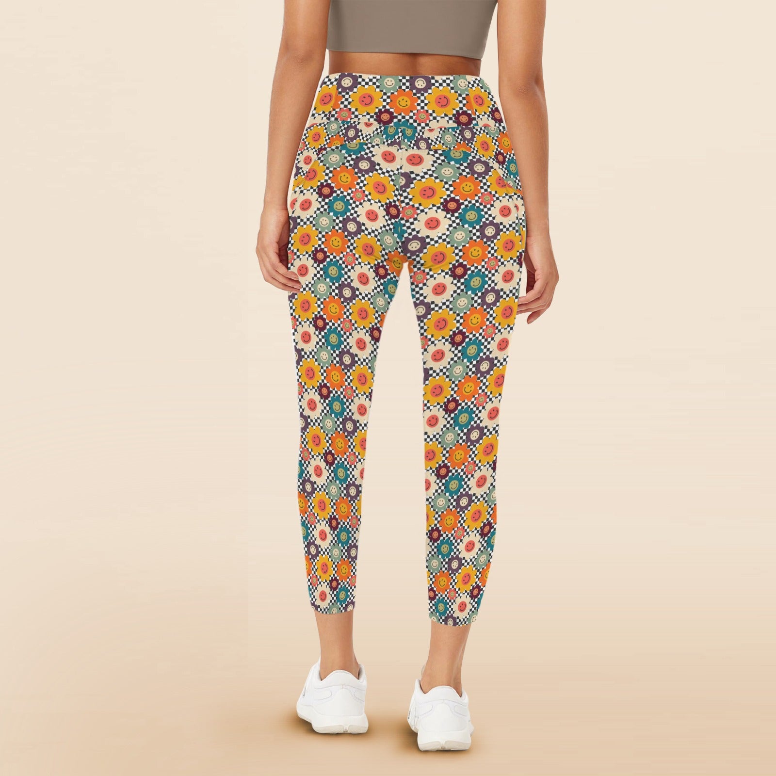 Happy Retro Flowers - Women's High Waist Pockets Yoga Leggings