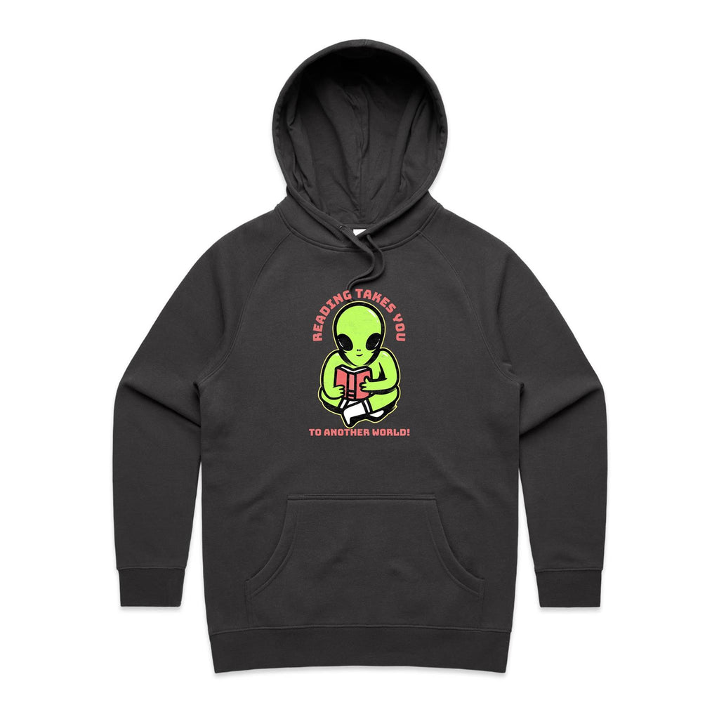 Reading Takes You To Another World, Alien - Womens Hoodie Coal Womens Hoodie Printed In Australia Reading Sci Fi