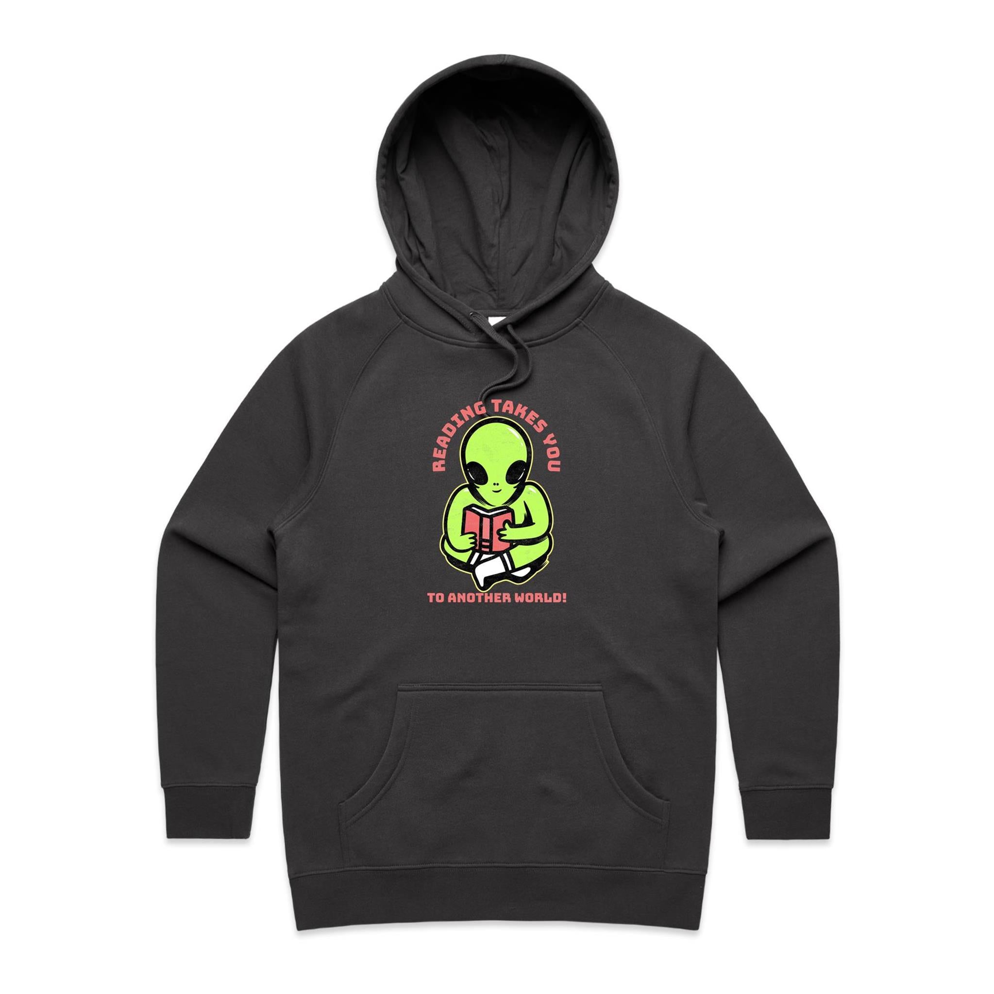 Reading Takes You To Another World, Alien - Womens Hoodie Coal Womens Hoodie Printed In Australia Reading Sci Fi