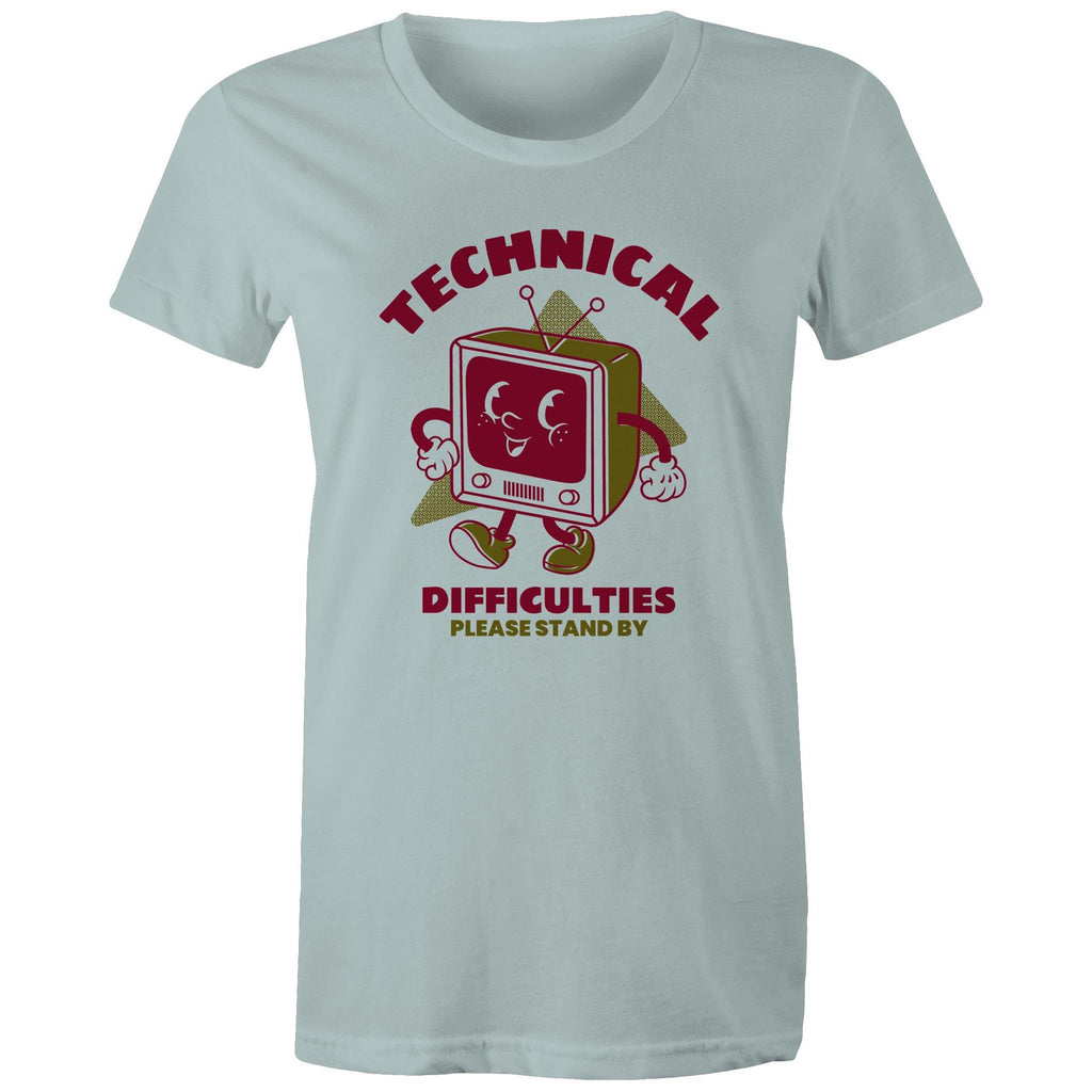 Retro TV, Technical Difficulties - Womens T-shirt Pale Blue Womens T-shirt Printed In Australia Retro Tech