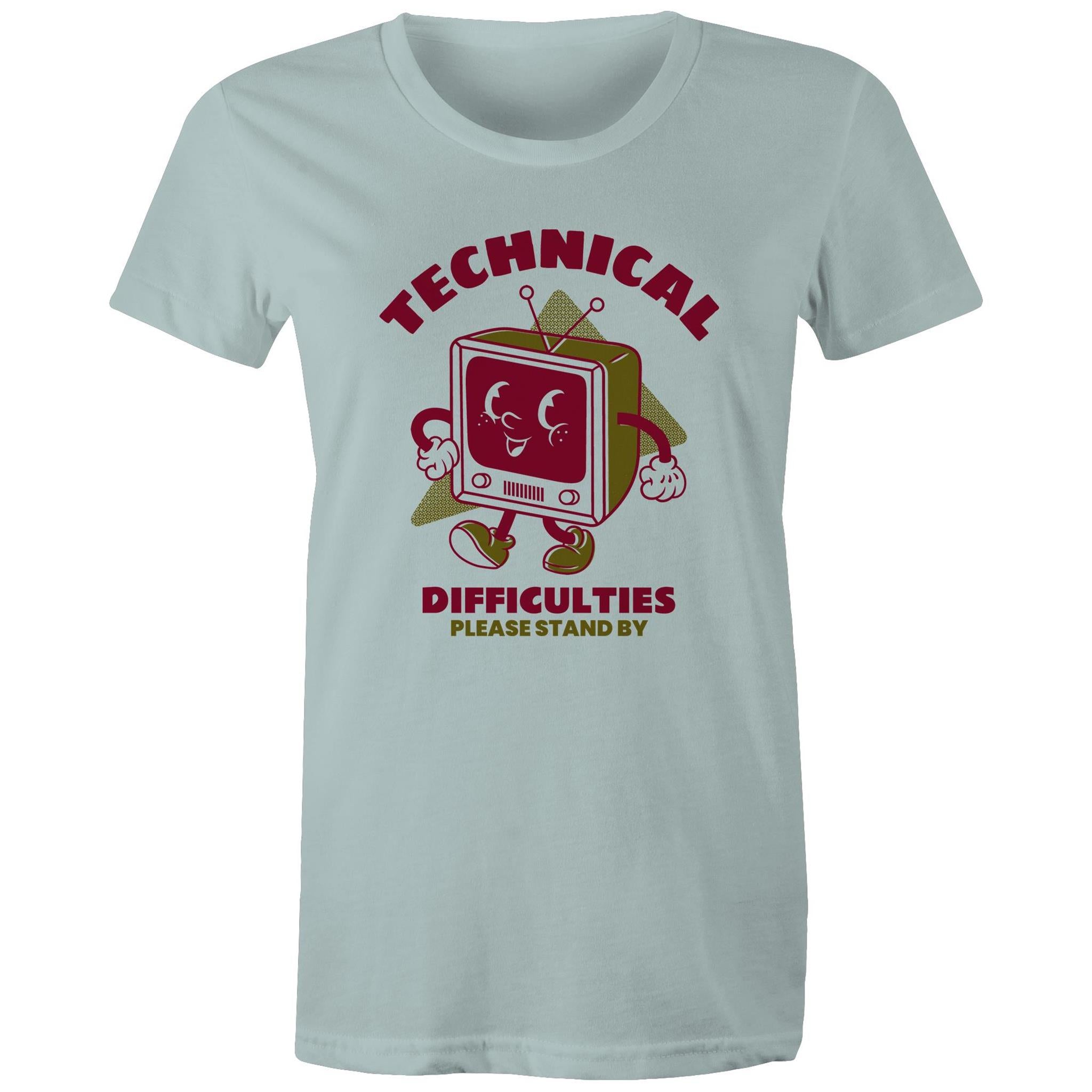 Retro TV, Technical Difficulties - Womens T-shirt Pale Blue Womens T-shirt Printed In Australia Retro Tech