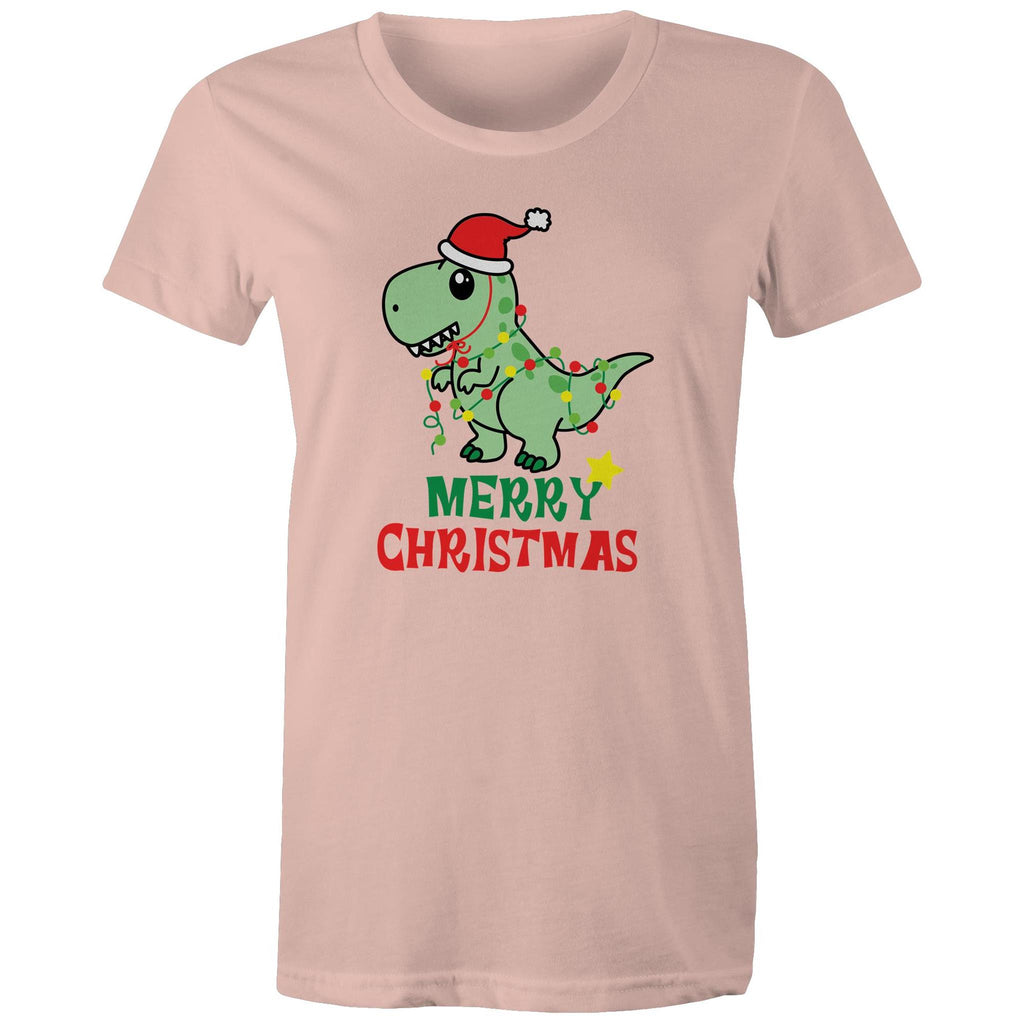 Dinosaur Santa, Merry Christmas - Womens T-shirt Pale Pink Womens Christmas T-shirt Christmas Printed In Australia