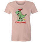Dinosaur Santa, Merry Christmas - Womens T-shirt Pale Pink Womens Christmas T-shirt Christmas Printed In Australia