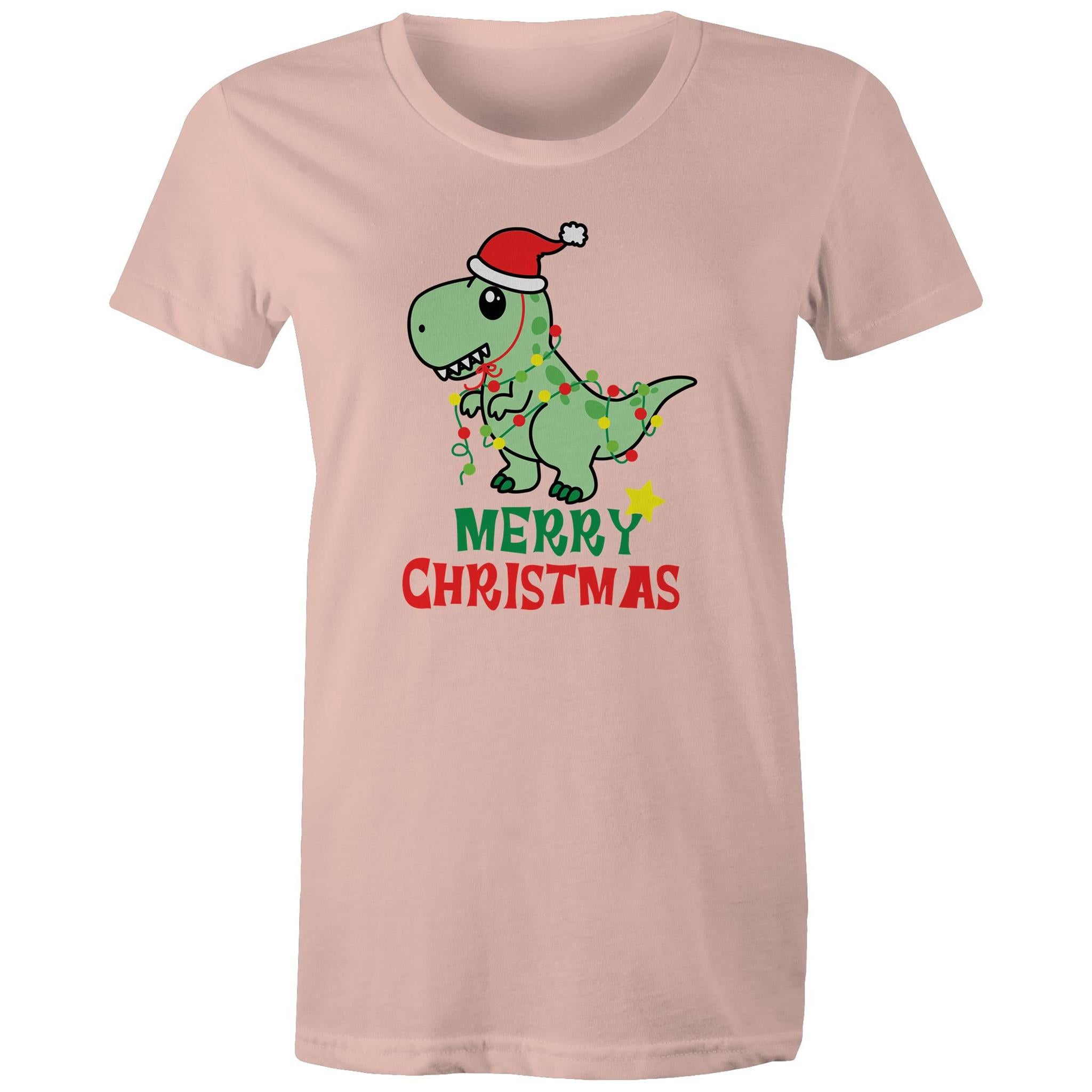 Dinosaur Santa, Merry Christmas - Womens T-shirt Pale Pink Womens Christmas T-shirt Christmas Printed In Australia