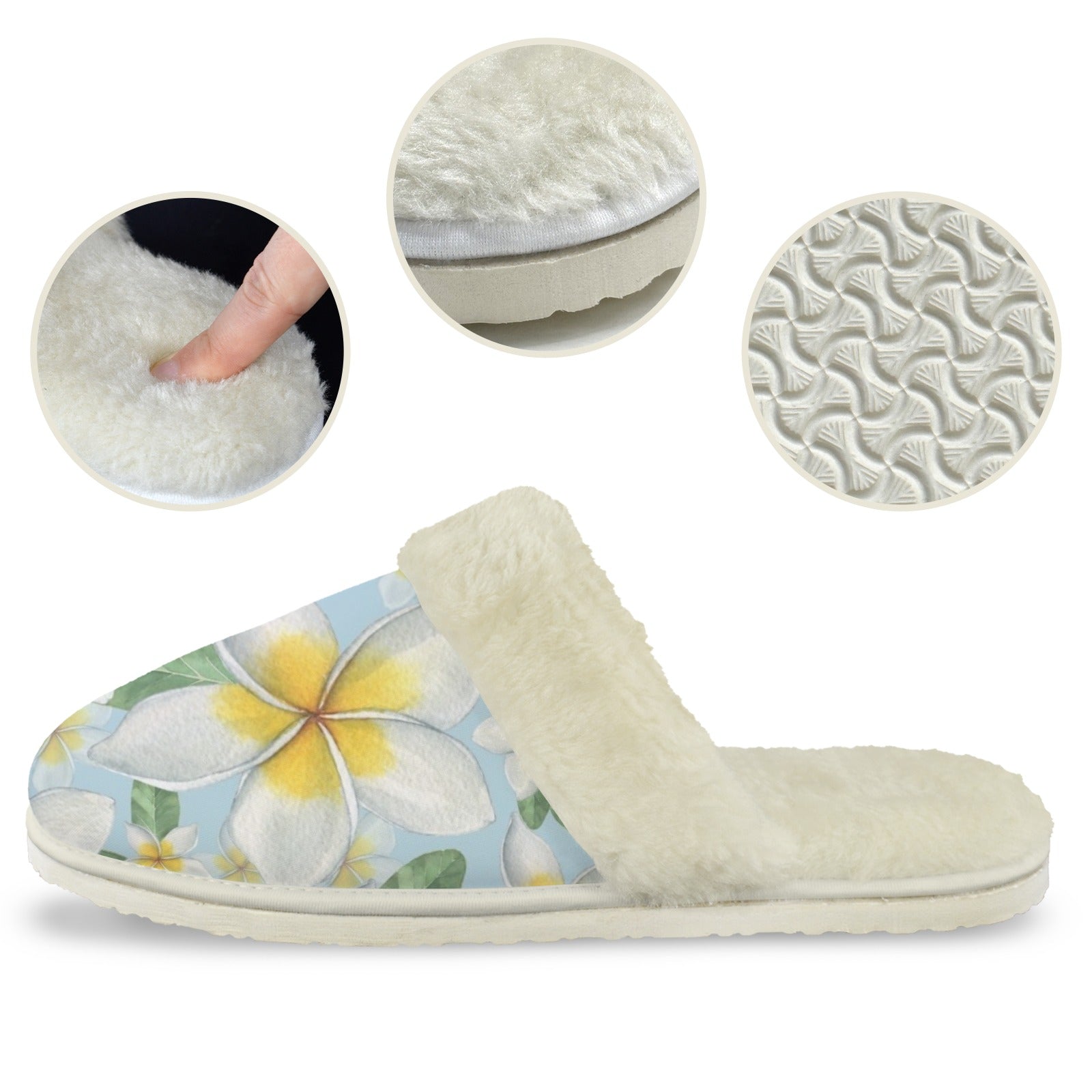 Delicate Frangipani Women's Fur Trim Thick-Sole Indoor Slippers Women's Fur Trimmed Slippers Plants Printed Offshore