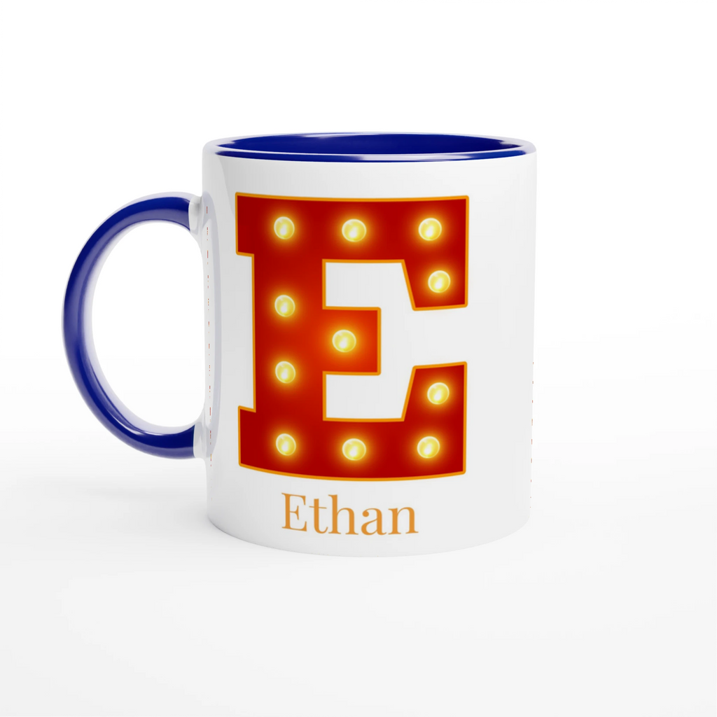 Personalised - Marquee Lights Initial - White 11oz Ceramic Mug with Color Inside Ceramic Blue Personalised 11oz Mug Customise Globally Fulfilled Personalise
