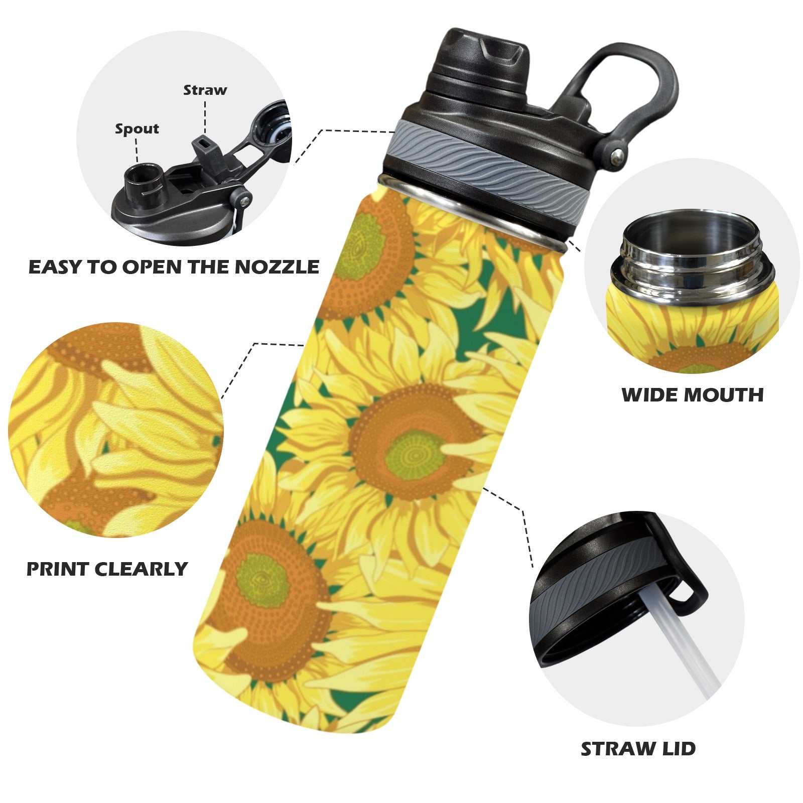 Sunflowers - Insulated Water Bottle with Dual-Use Lid (18oz) Insulated Water Bottle with Dual-Use Lid (18oz) Plants Printed Offshore