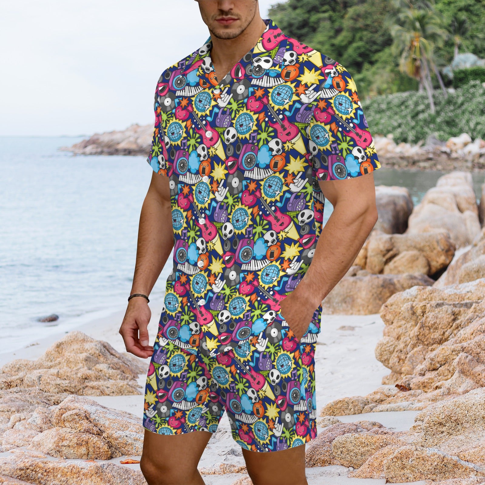 Sticker Music Men's Hawaiian Shirt & Shorts Set Men's Hawaiian Shirt & Shorts Set Music Printed Offshore