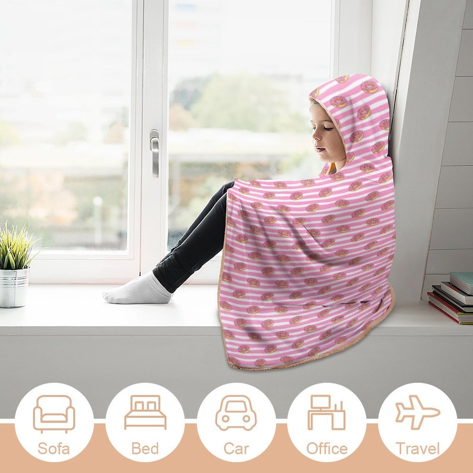 Pink Doughnut Stripes Kids Hooded Blanket 100cm x 130cm