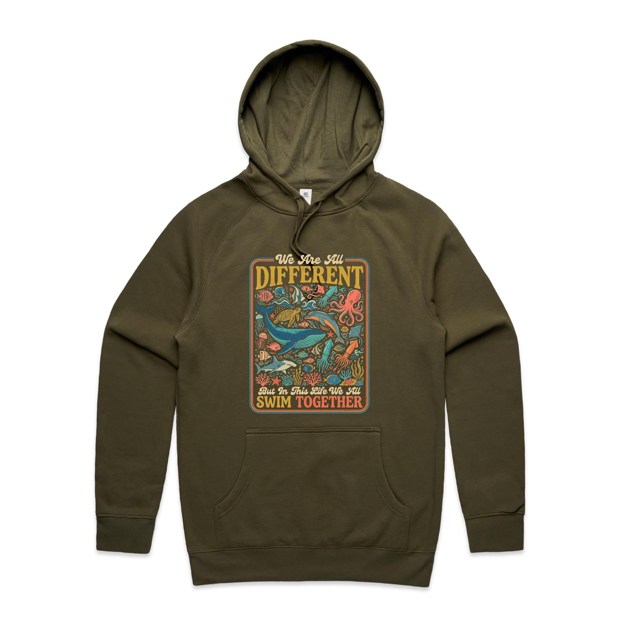 We Are All Different, But We All Swim Together - Men's AS Colour Hoodie Army Mens Hoodie animal Ocean Positivity Printed In Australia