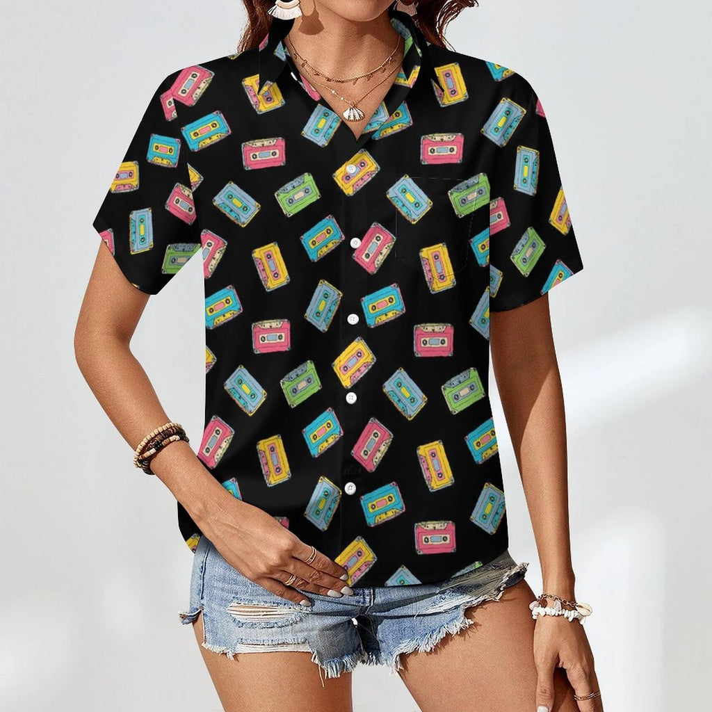Colourful Cassette Tapes Women's Short-Sleeve Button Up Shirt Women's Short-Sleeve Button Up Shirt Music Printed Offshore Retro