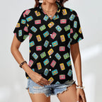 Colourful Cassette Tapes Women's Short-Sleeve Button Up Shirt Women's Short-Sleeve Button Up Shirt Music Printed Offshore Retro