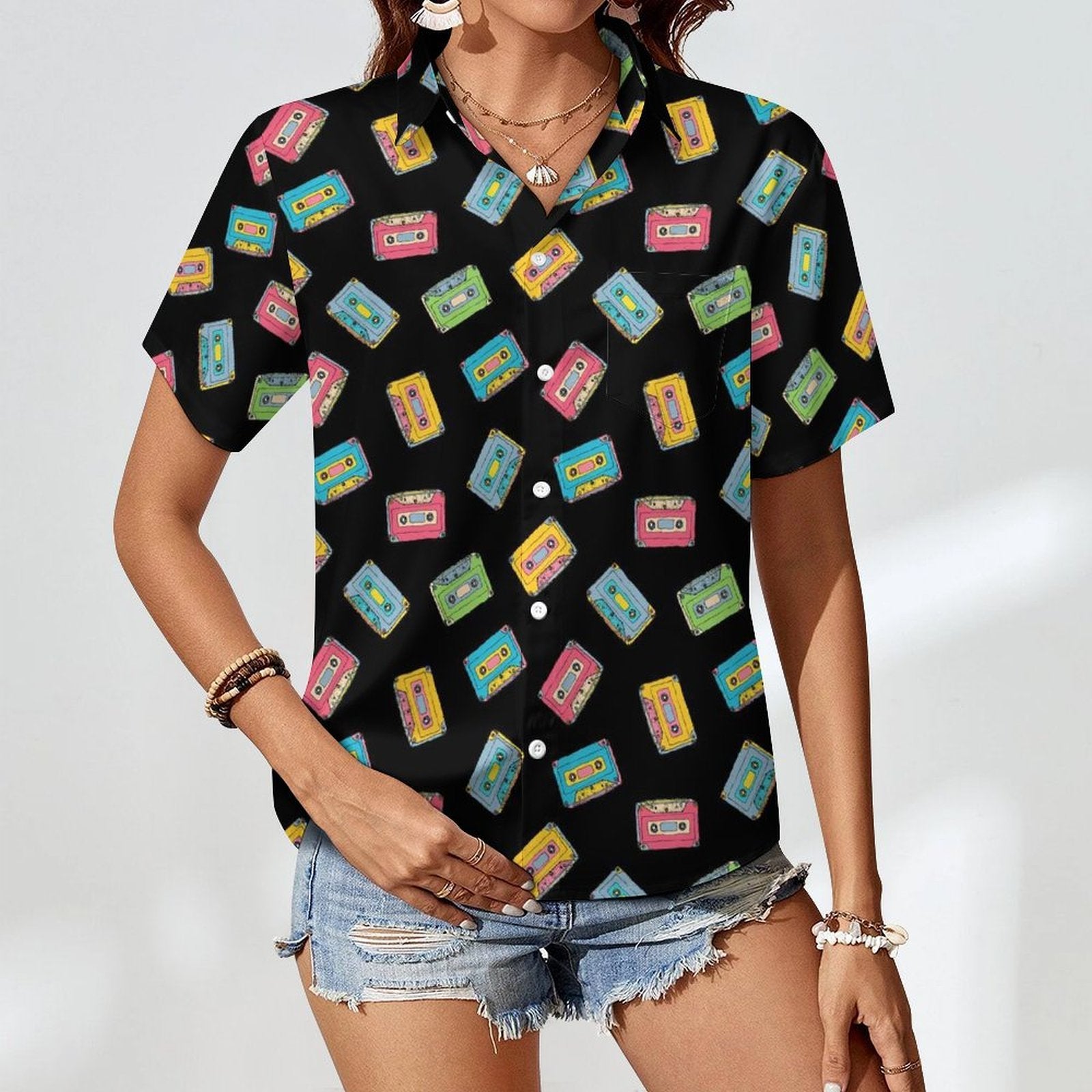 Colourful Cassette Tapes Women's Short-Sleeve Button Up Shirt Women's Short-Sleeve Button Up Shirt Music Printed Offshore Retro