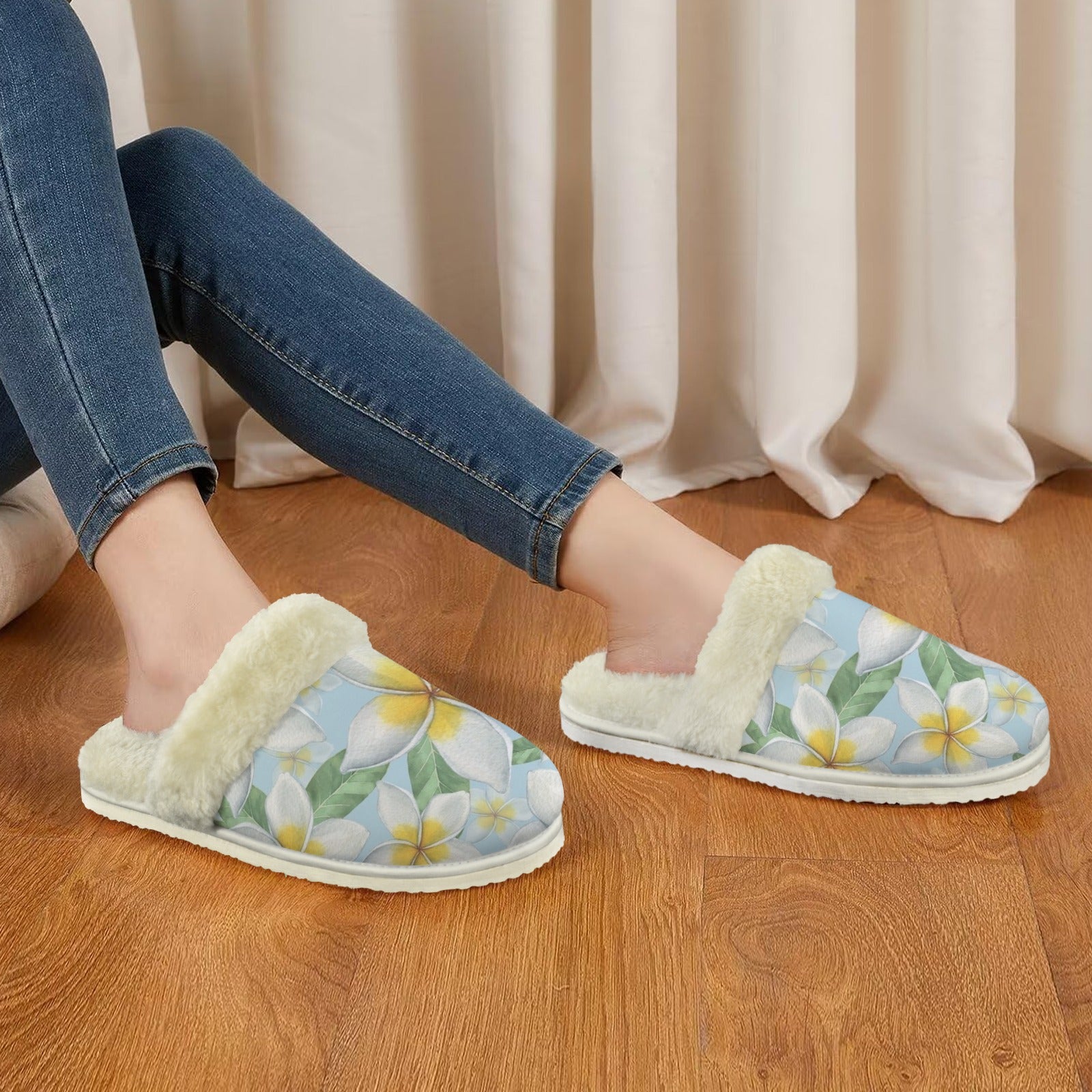 Delicate Frangipani Women's Fur Trim Thick-Sole Indoor Slippers Women's Fur Trimmed Slippers Plants Printed Offshore