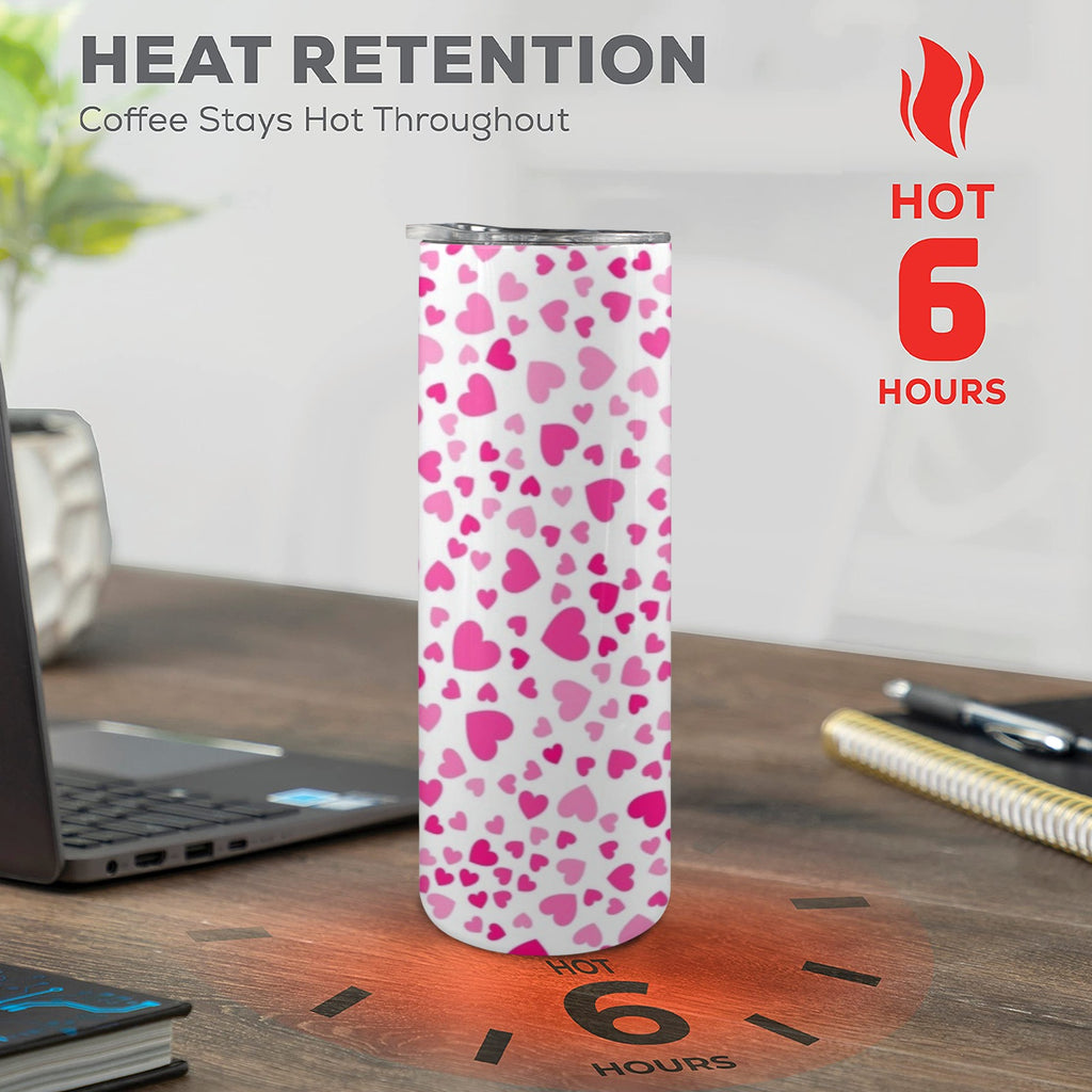 Pink Hearts On White - 20oz Tall Skinny Tumbler with Lid and Straw