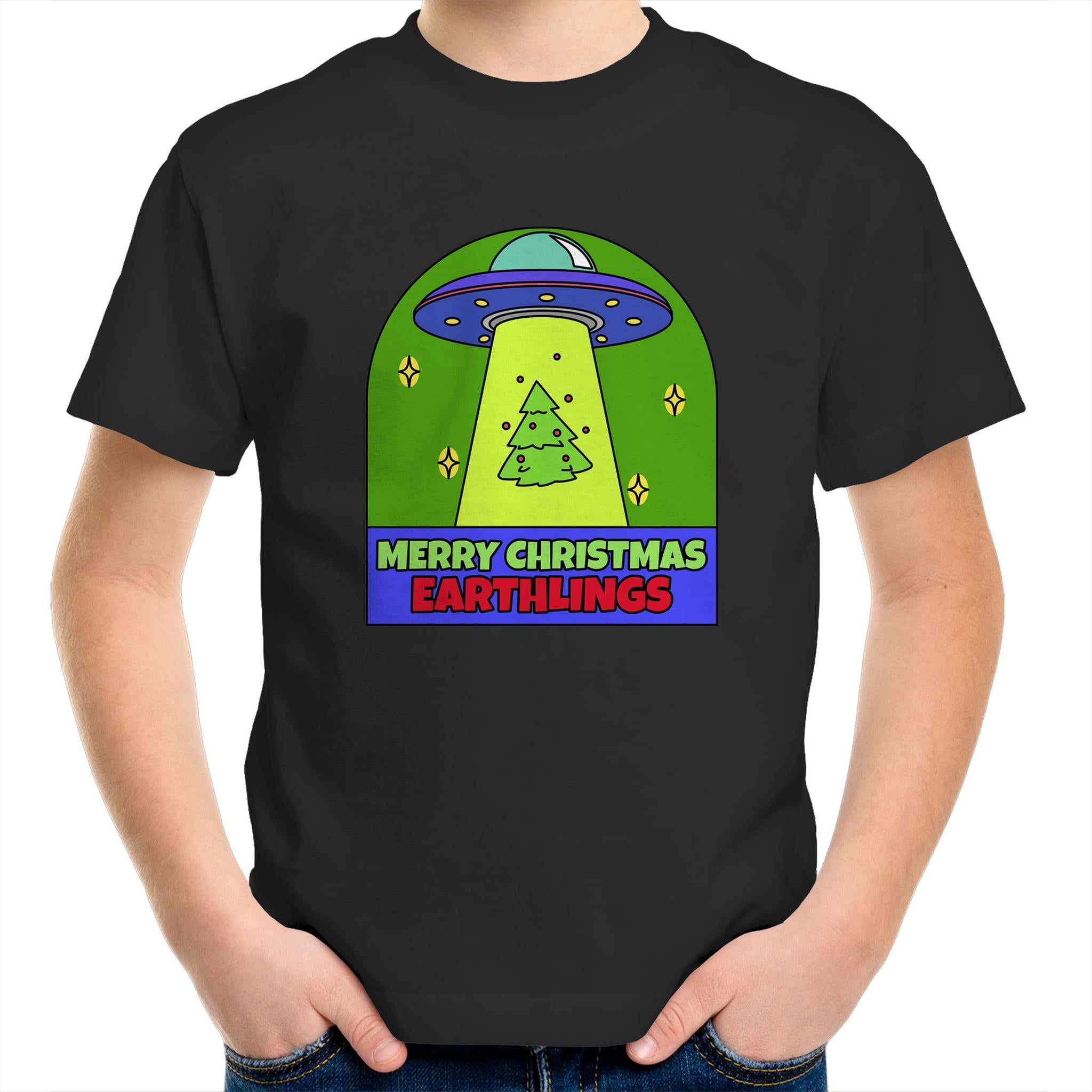 Merry Christmas Earthlings, UFO - Kids Youth T-Shirt Black Kids Christmas T-shirt Christmas Printed In Australia