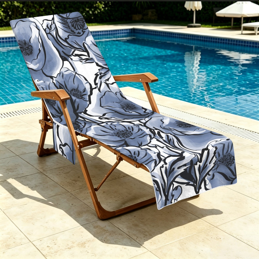 Blue And White Floral Beach Chair Towel Cover with Side Pockets