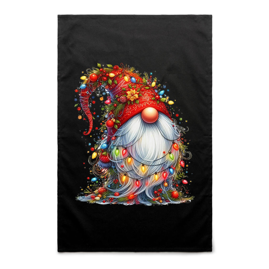 Gnome Wrapped In Christmas Lights - AS Colour Tea Towel Black One Size Christmas Tea Towel Christmas Printed In Australia