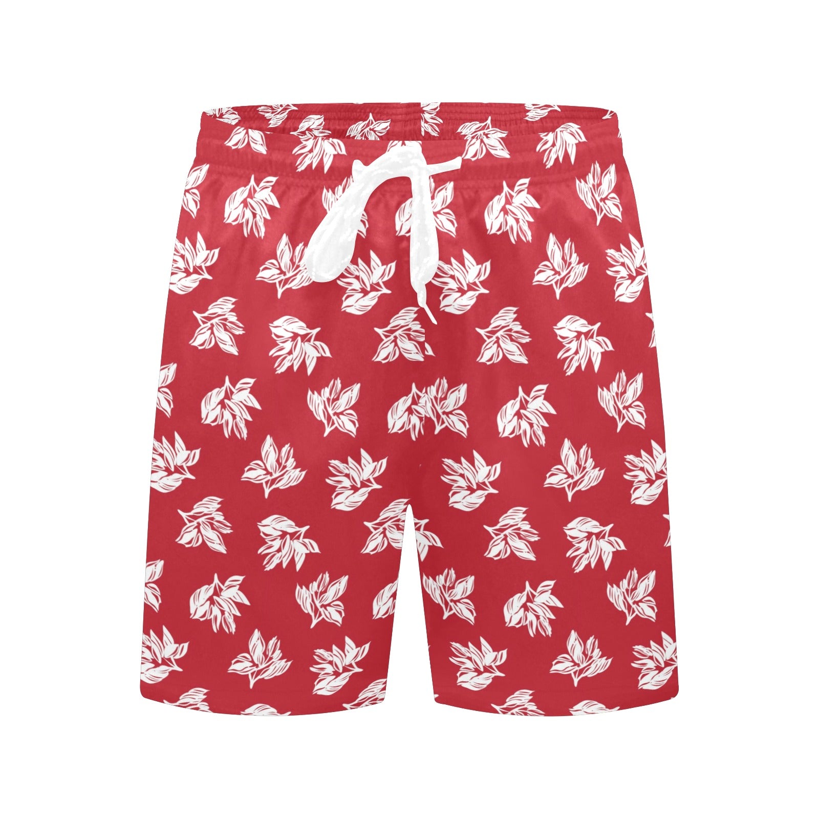 Red Retro Foliage - Men's Mid-Length Beach Shorts Men's Mid-Length Beach Shorts Plants Printed Offshore