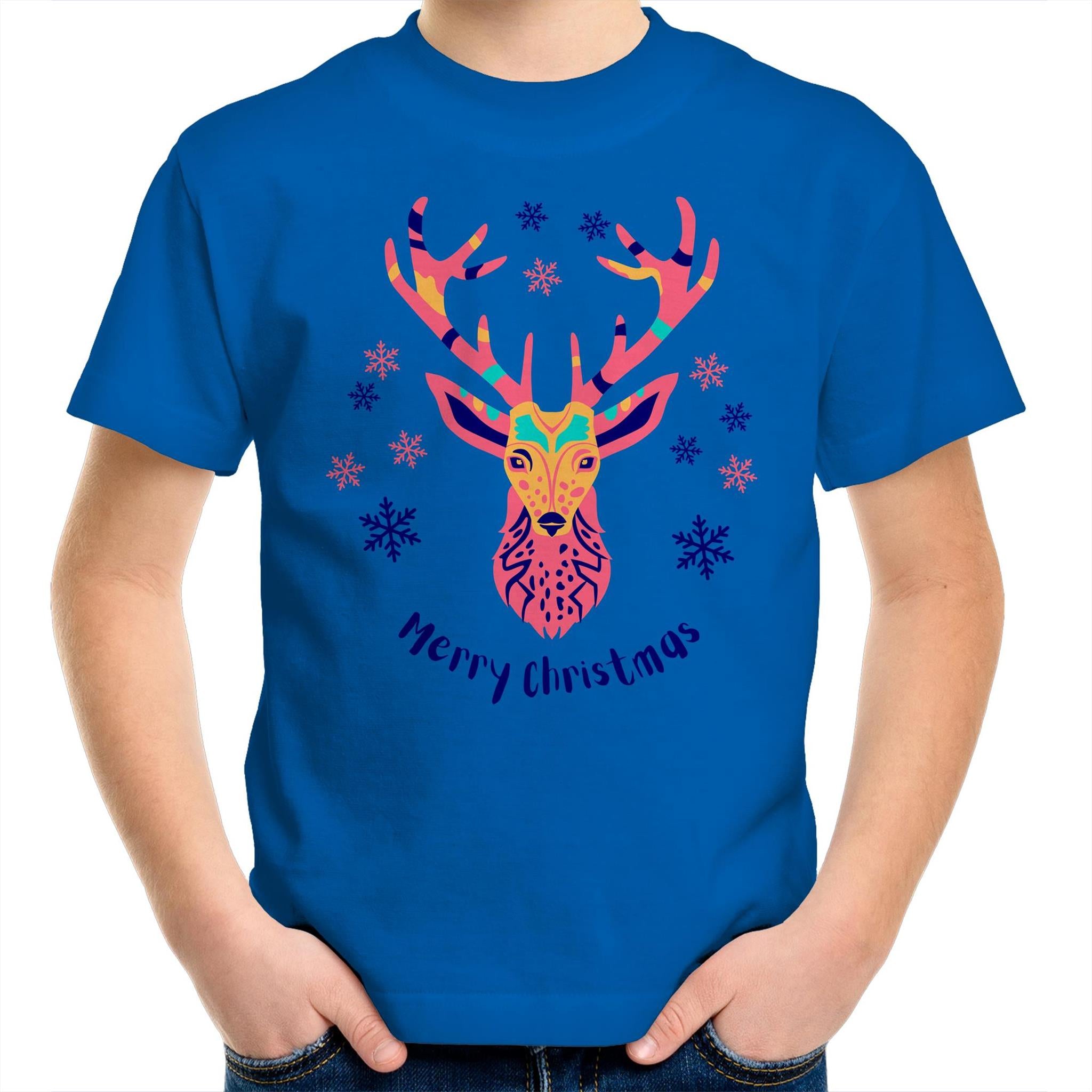 Christmas Deer - Kids Youth T-Shirt Bright Royal Kids Christmas T-shirt Christmas Printed In Australia
