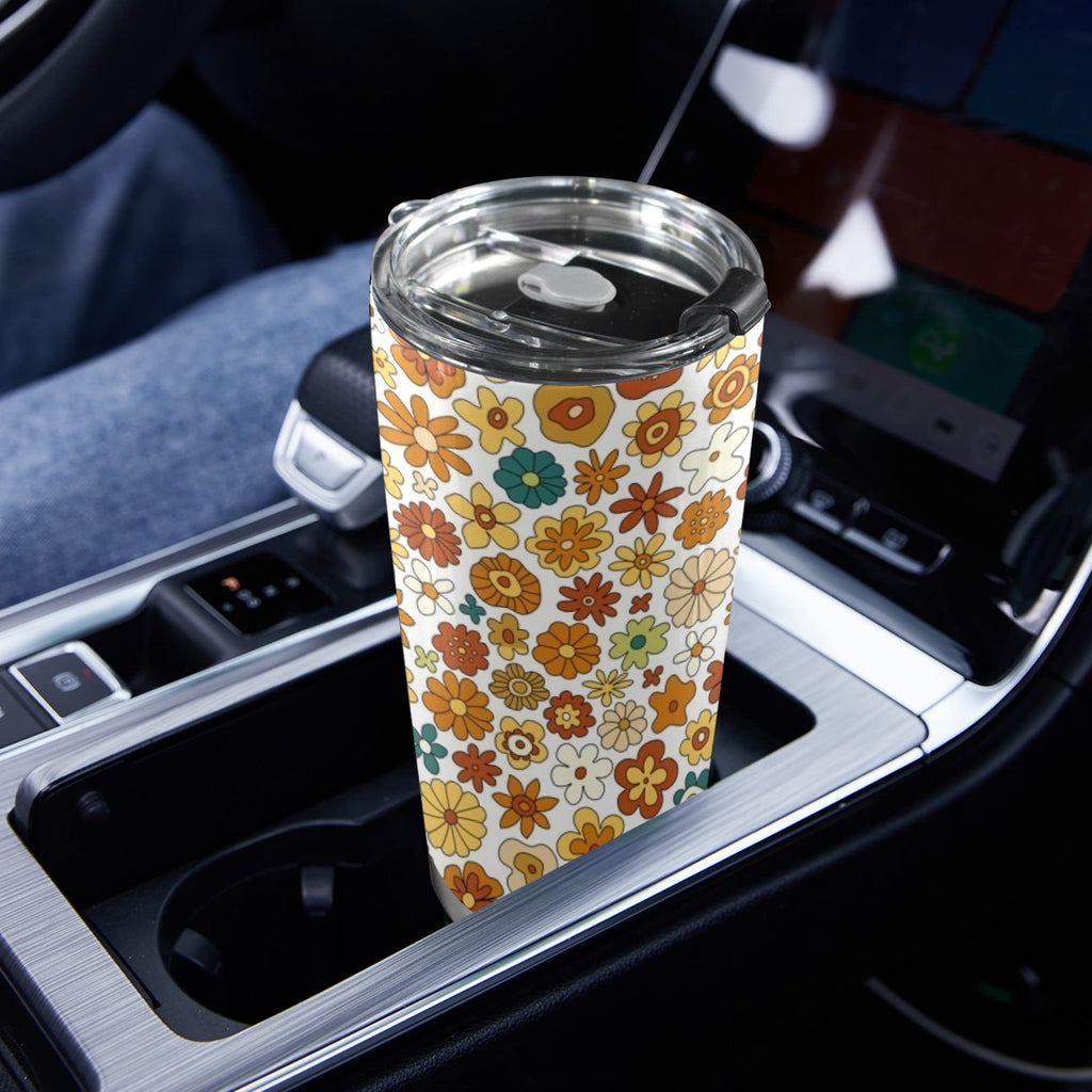 70's Style Floral 20oz Mobile Tumbler with Lid (Black Lock) 20oz Travel Mug Plants Printed Offshore