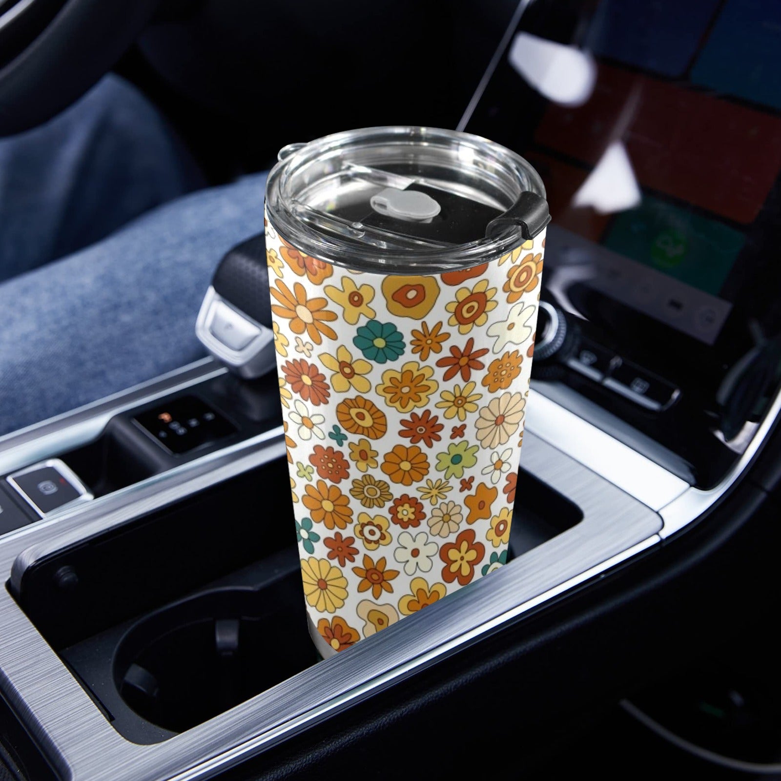70's Style Floral 20oz Mobile Tumbler with Lid (Black Lock) 20oz Travel Mug Plants Printed Offshore
