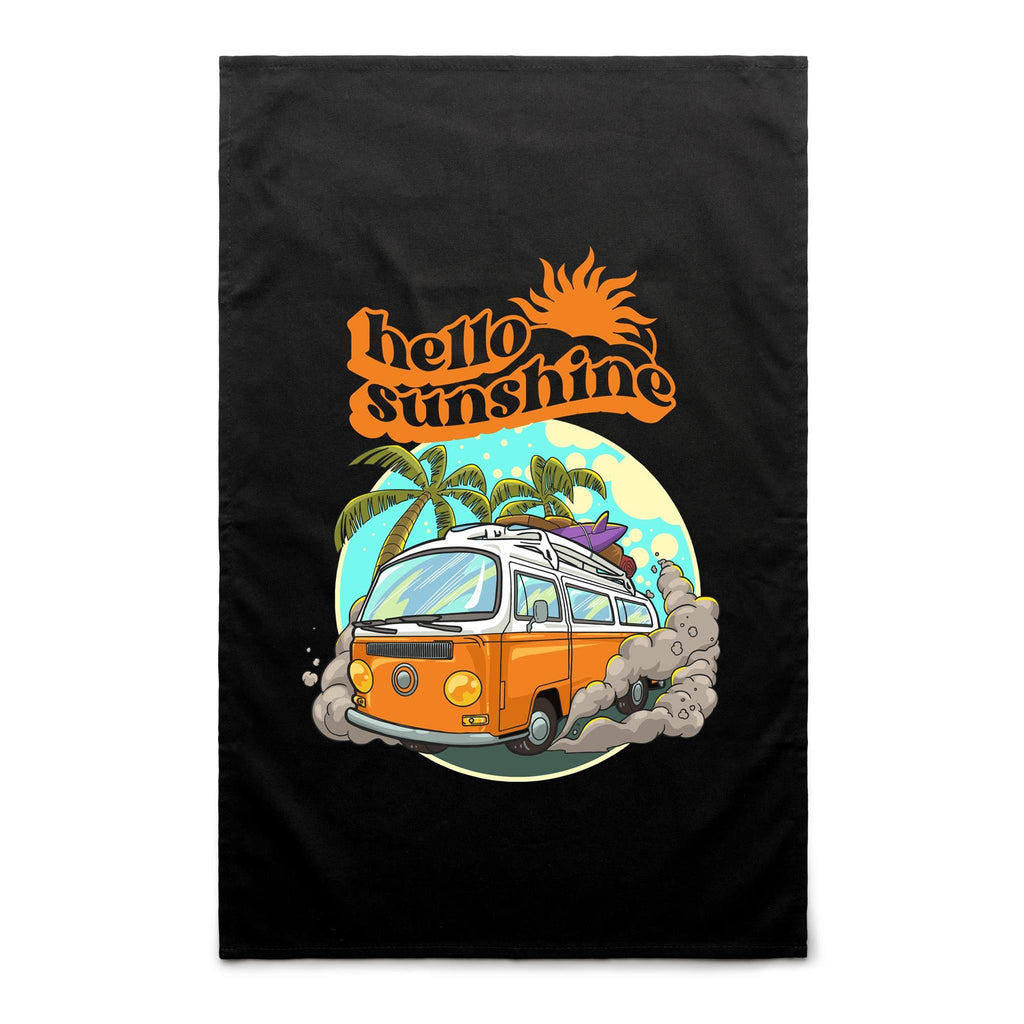 Hello Sunshine, Beach Van - AS Colour Tea Towel Black One Size Tea Towel Printed In Australia Summer Surf