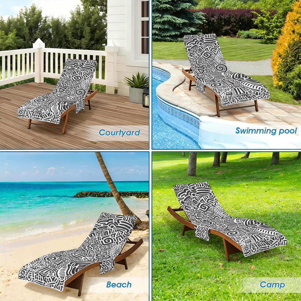 Black And White Beach Chair Towel Cover with Side Pockets