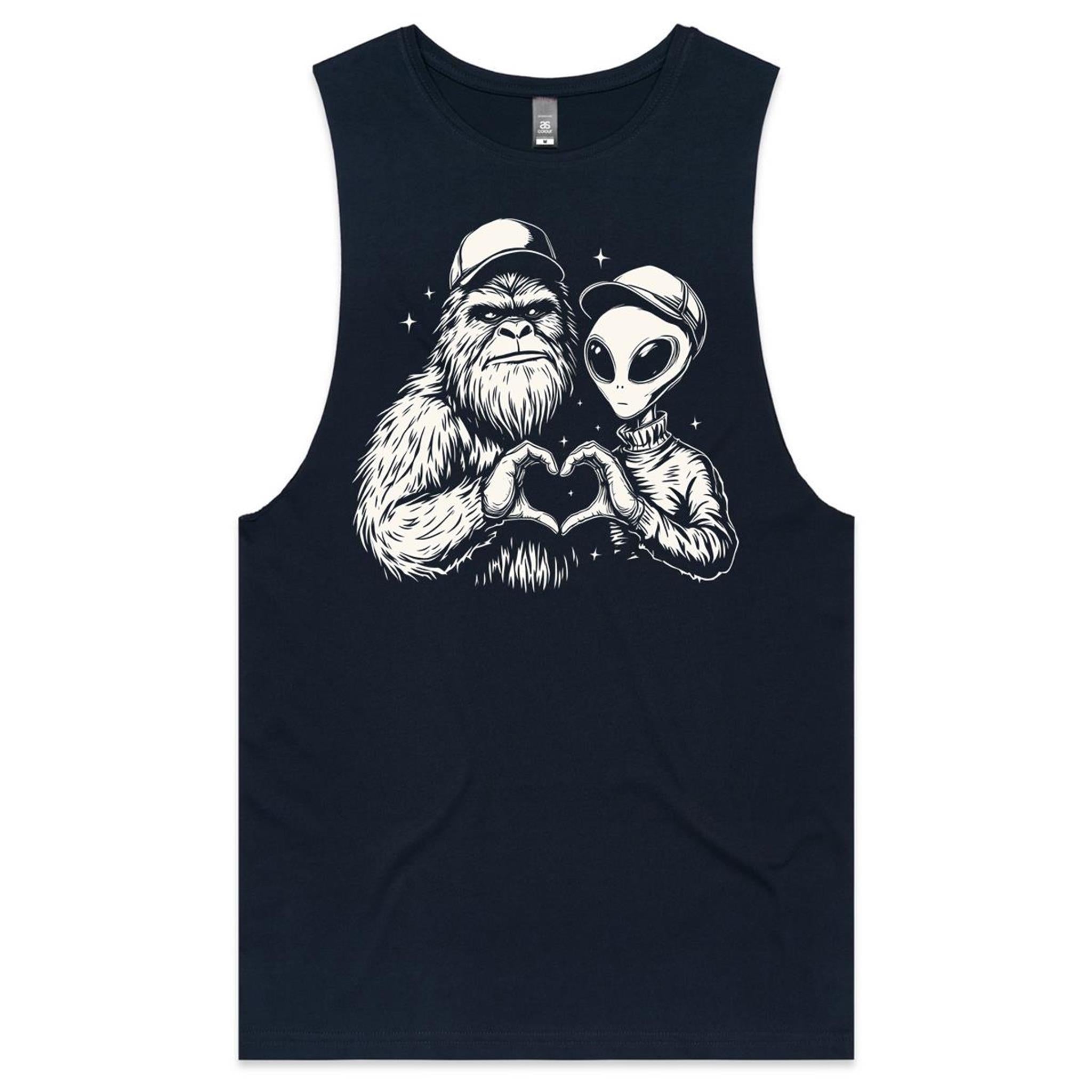 Alien And Bigfoot Heart Hands - Mens Tank Top Tee Navy Drop Arm Tank Top Love Printed In Australia Sci Fi