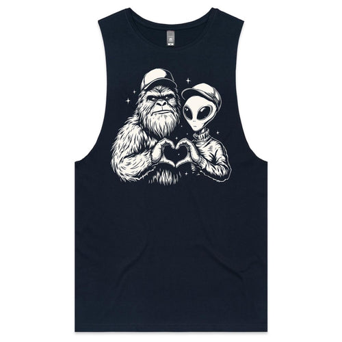 Alien And Bigfoot Heart Hands Mens Men's AS Colour Drop Arm Tank Top Navy Drop Arm Tank Top Love Printed In Australia Sci Fi
