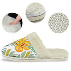 Tropical Flowers And Leaves Women's Fur Trim Thick-Sole Indoor Slippers Women's Fur Trimmed Slippers Plants Printed Offshore