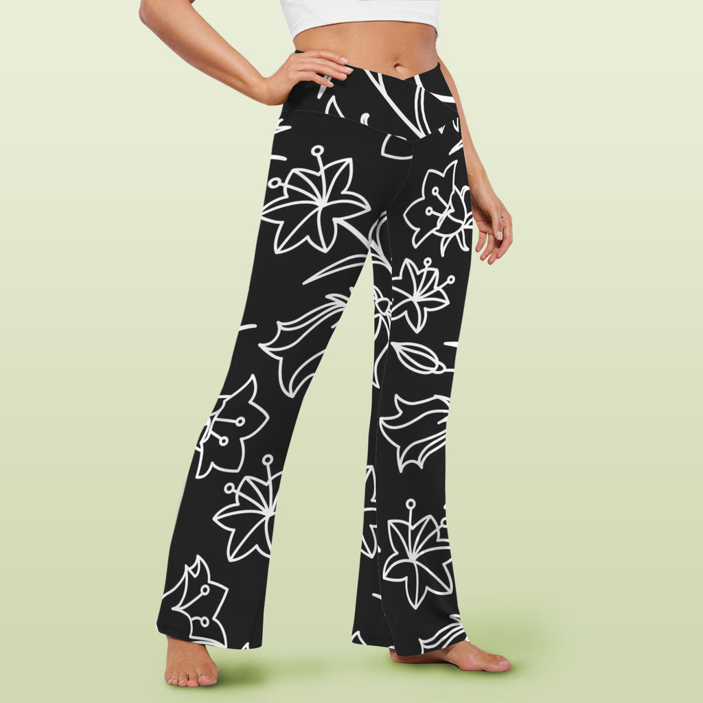 Black And White Floral High Waist Crossover Tummy Control Flare Leggings High Waist Flare Leggings Printed Offshore