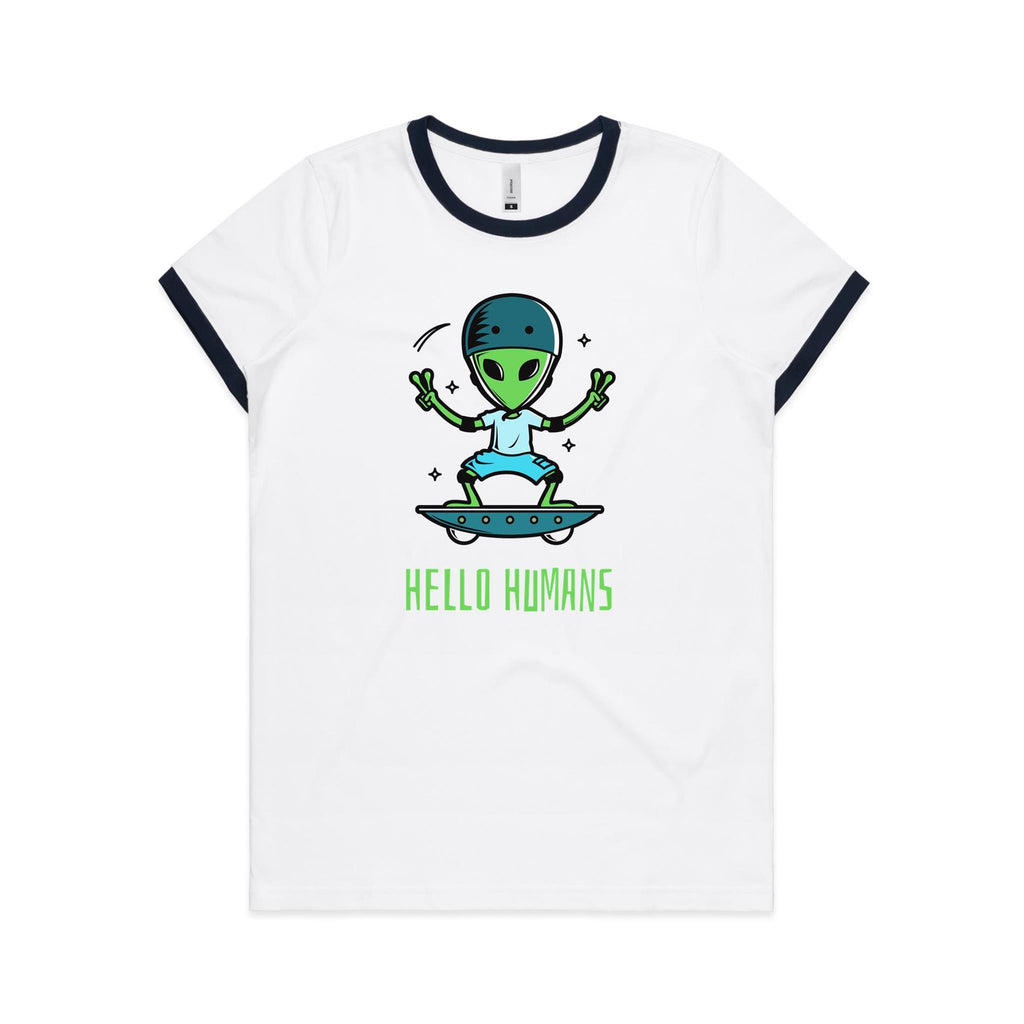 Hello Humans, Alien Skate Women's AS Colour Ringer Tee White Navy Womens Ringer T-shirt Printed In Australia Sci Fi