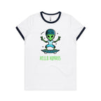 Hello Humans, Alien Skate Women's AS Colour Ringer Tee White Navy Womens Ringer T-shirt Printed In Australia Sci Fi