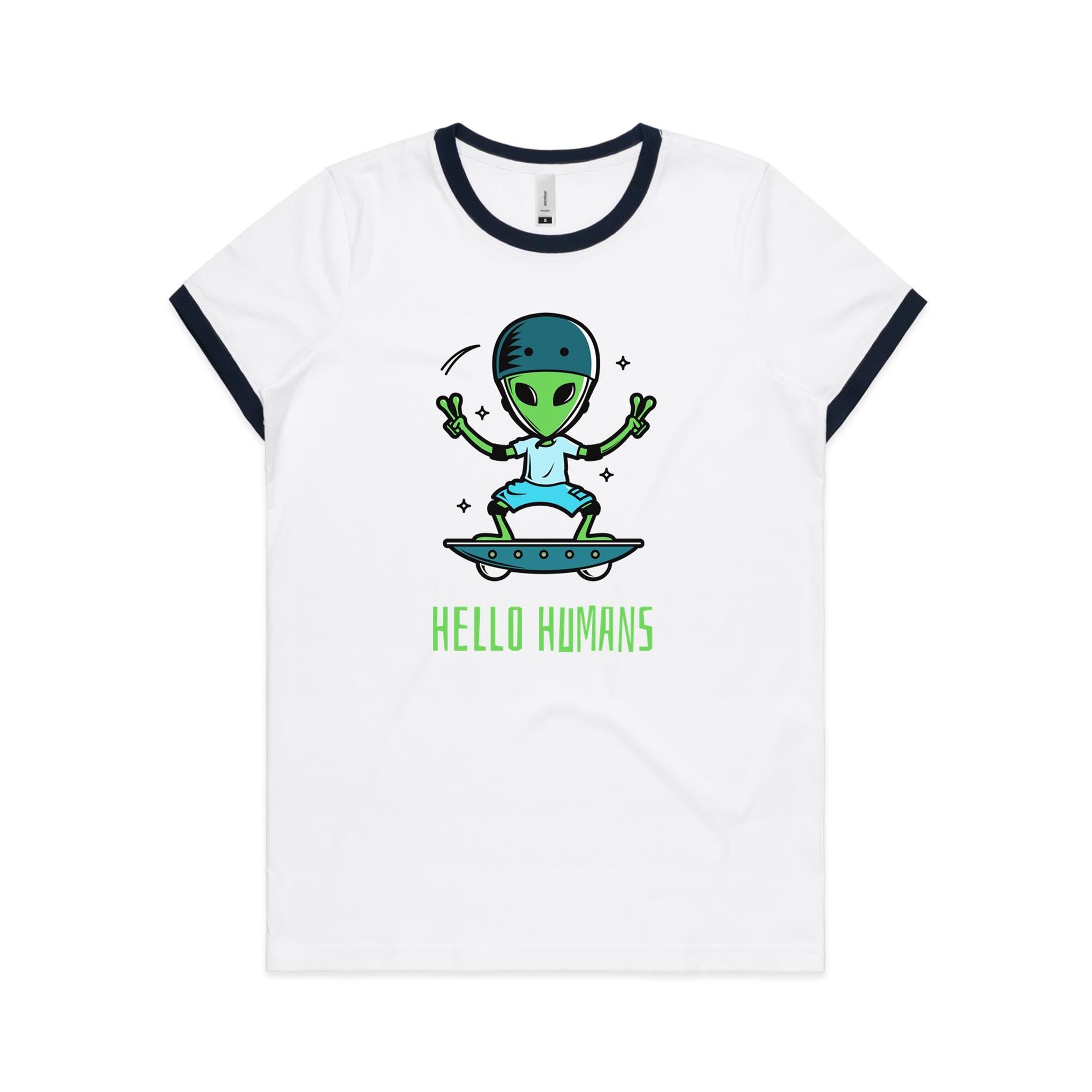 Hello Humans, Alien Skate - Women's Ringer Tee White Navy Womens Ringer T-shirt Printed In Australia Sci Fi
