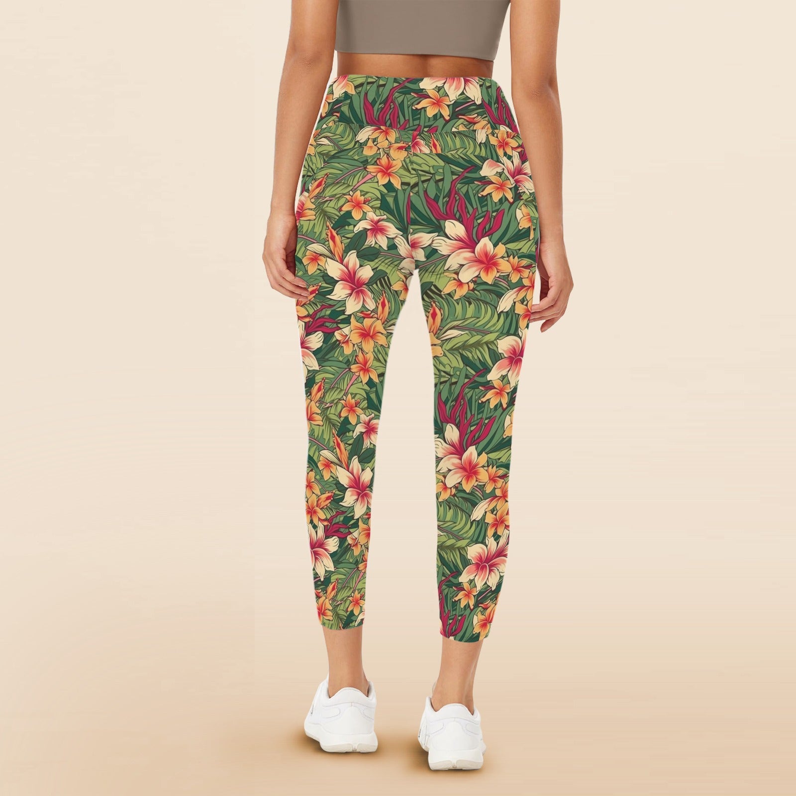 Vintage Hawaiian Flowers - Women's High Waist Pockets Yoga Leggings