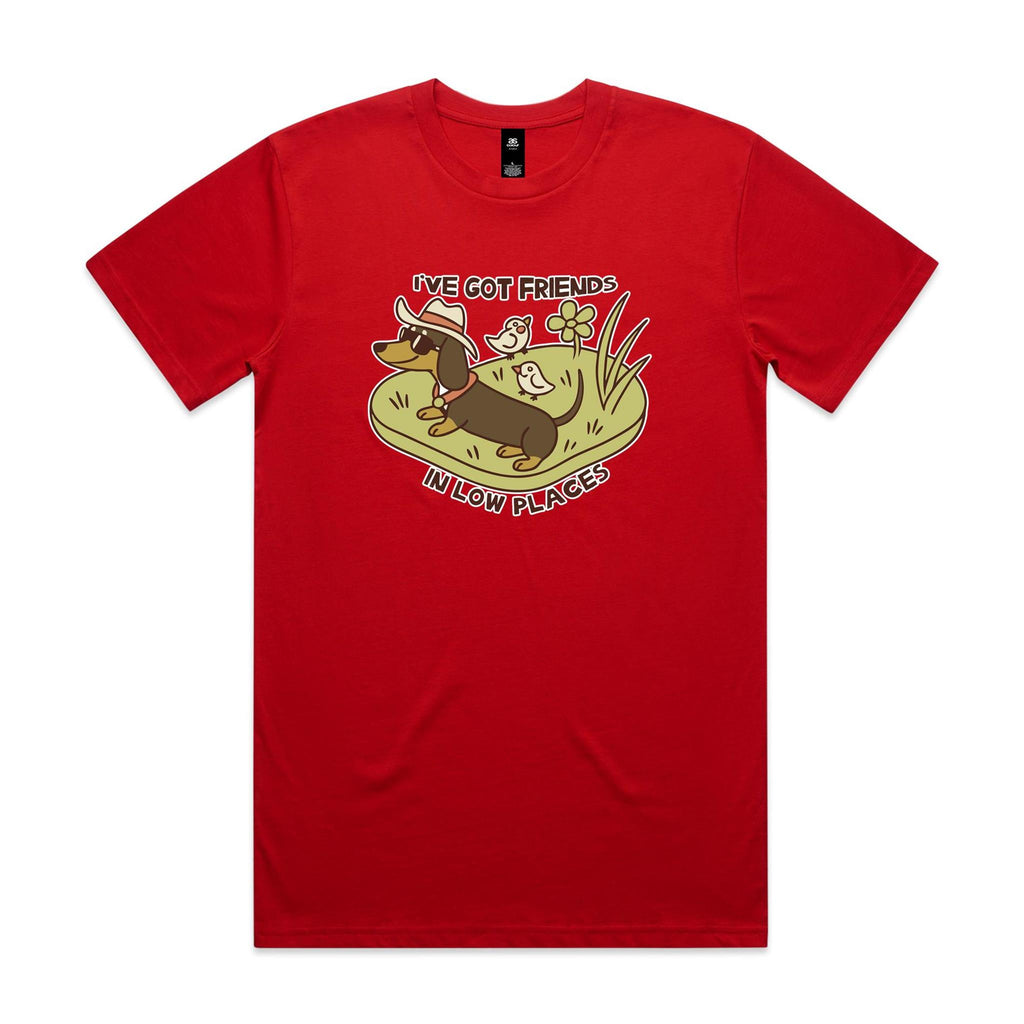Dachshund, I've Got Friends In Low Places Men's AS Colour T-shirt Red Mens T-shirt animal Printed In Australia
