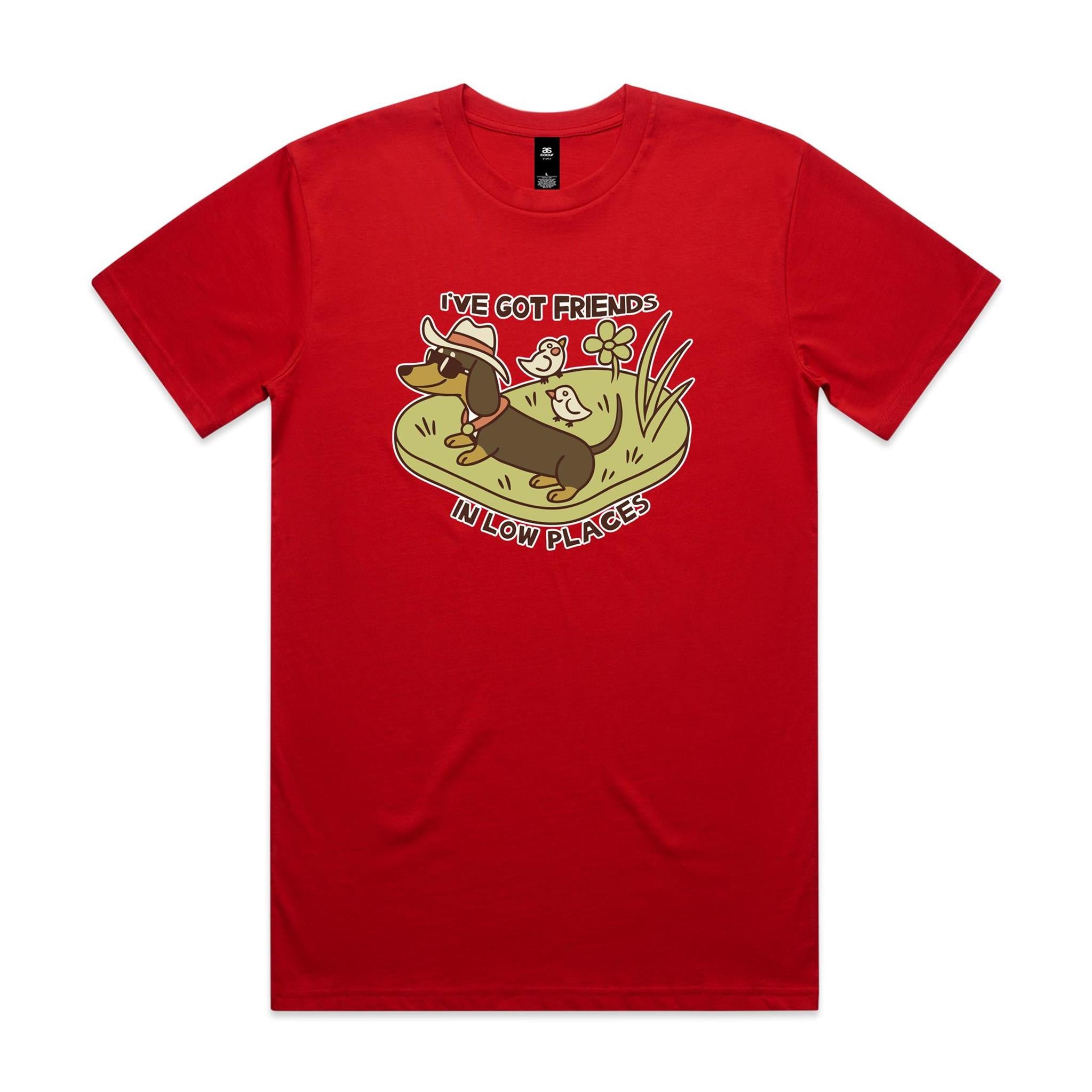 Dachshund, I've Got Friends In Low Places Men's AS Colour T-shirt Red Mens T-shirt animal Printed In Australia