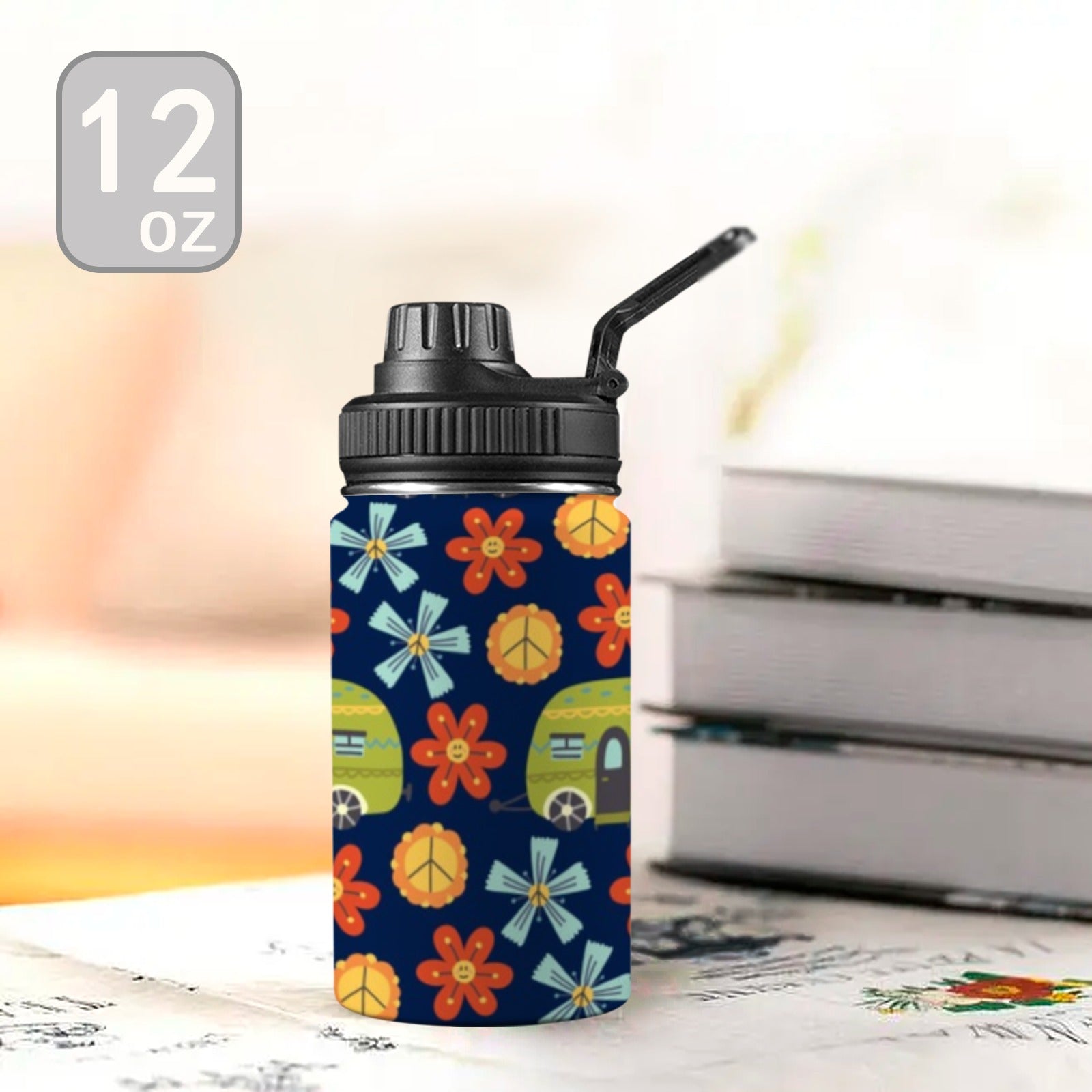 Hippy Caravan - Kids Water Bottle with Chug Lid (12 oz) Kids Water Bottle with Chug Lid Printed Offshore Retro