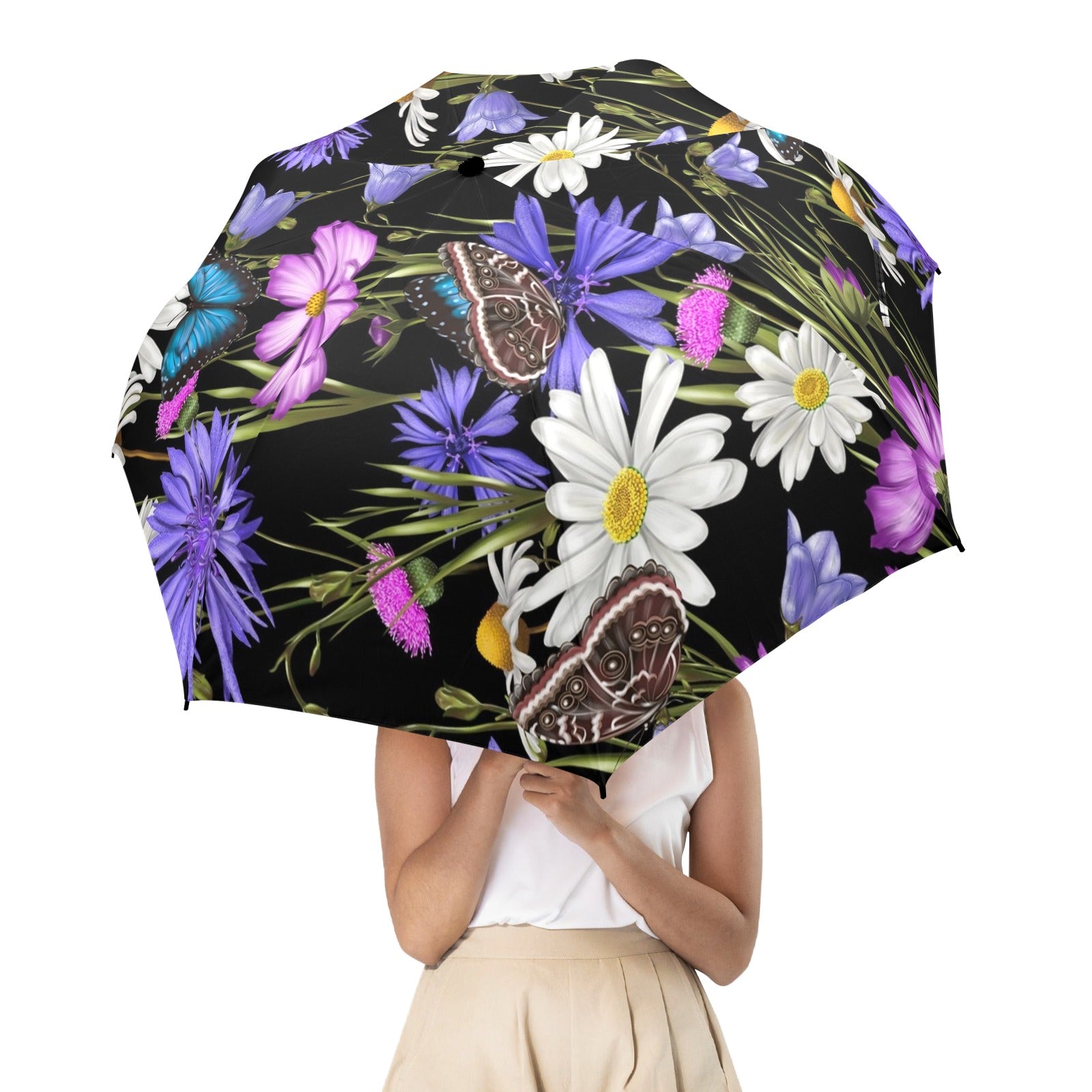 Butterfly Flowers - Semi-Automatic Foldable Umbrella (Model U12) Semi-Automatic Foldable Umbrella (U12)