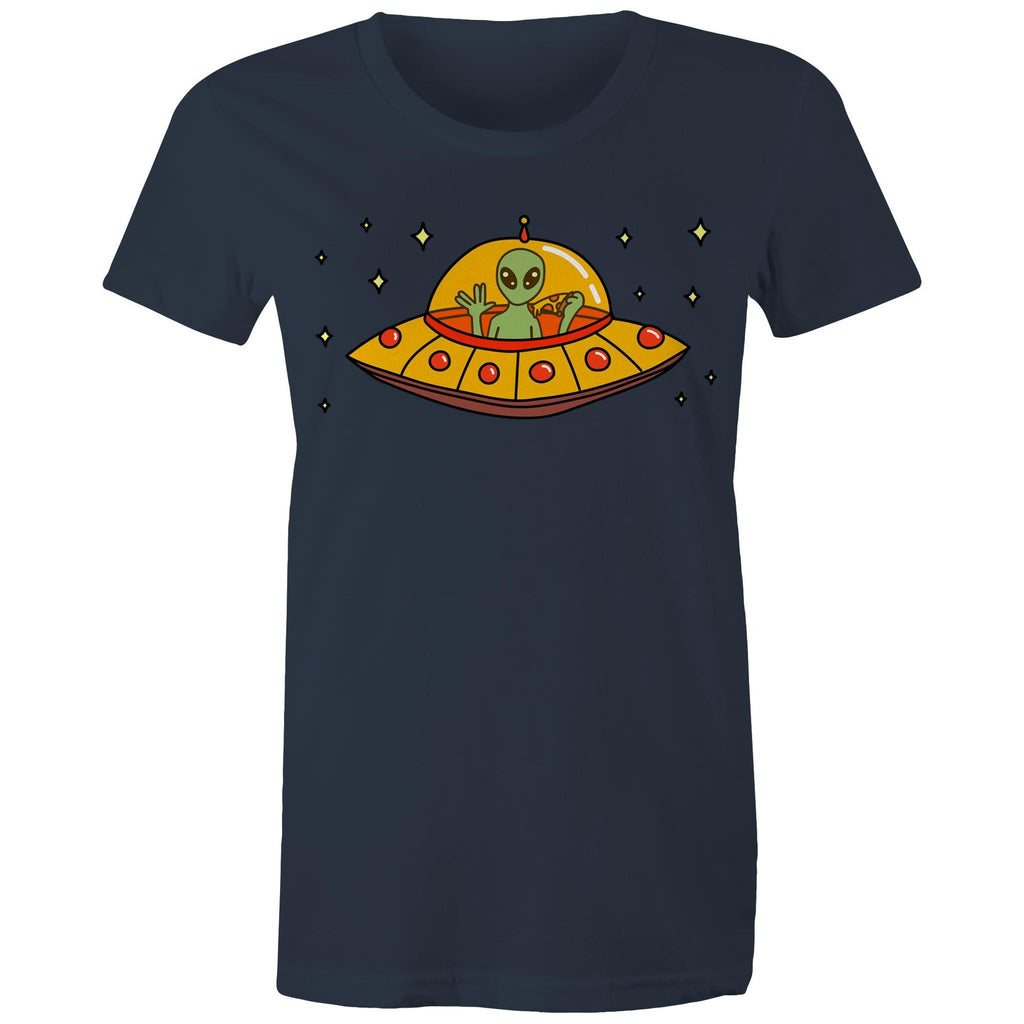 Alien Pizza - Womens T-shirt Navy Womens T-shirt Food Printed In Australia Sci Fi