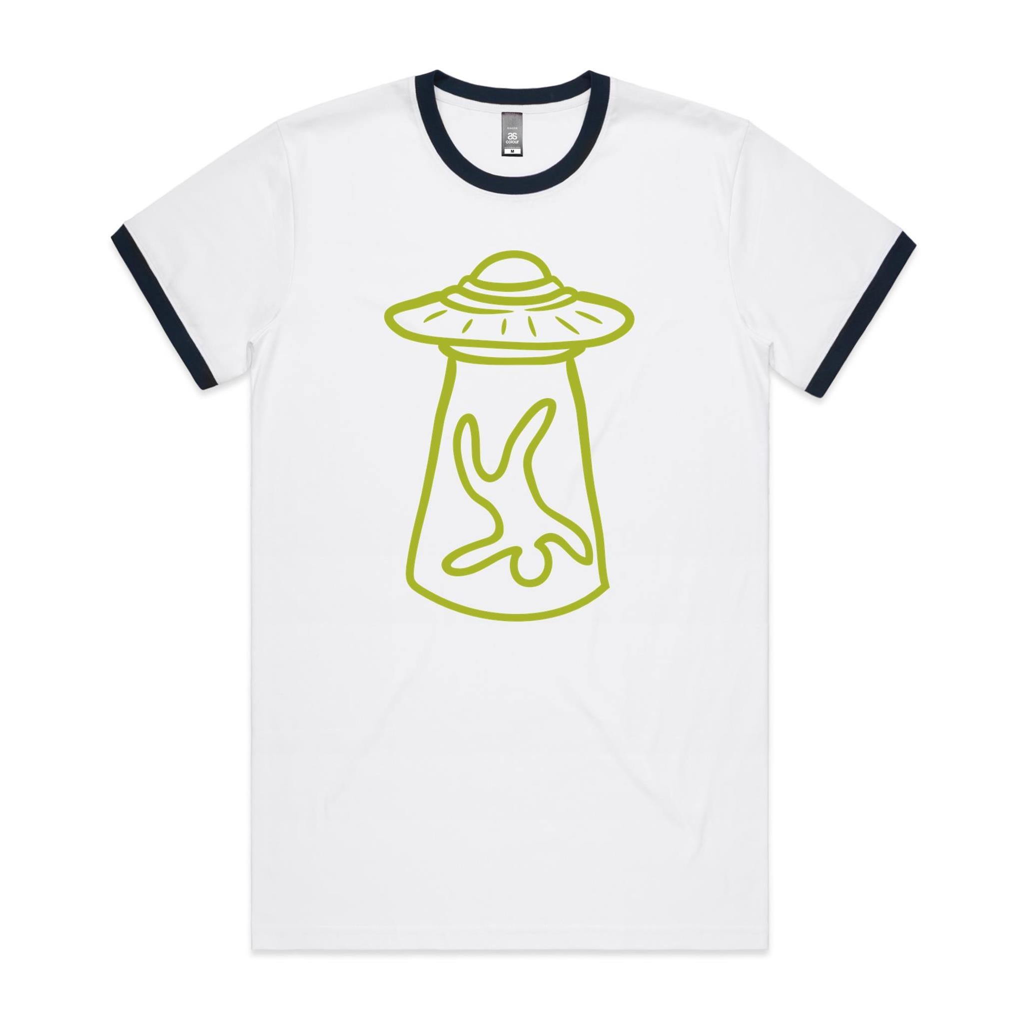 Alien Abduction - AS Colour Staple Ringer Tee White Navy Ringer T-Shirt Printed In Australia Sci Fi