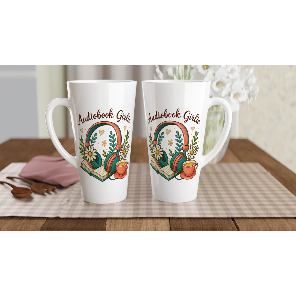 Audiobook Girlie - White Latte 17oz Ceramic Mug Latte Mug Globally Fulfilled Reading