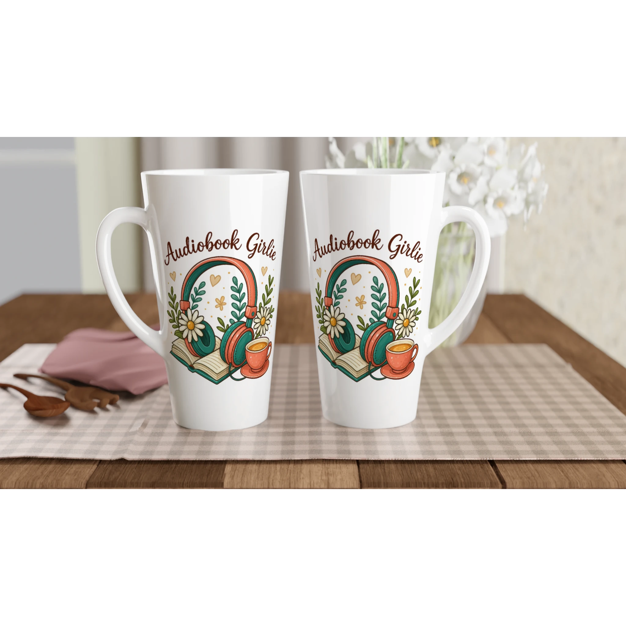 Audiobook Girlie - White Latte 17oz Ceramic Mug Latte Mug Globally Fulfilled Reading