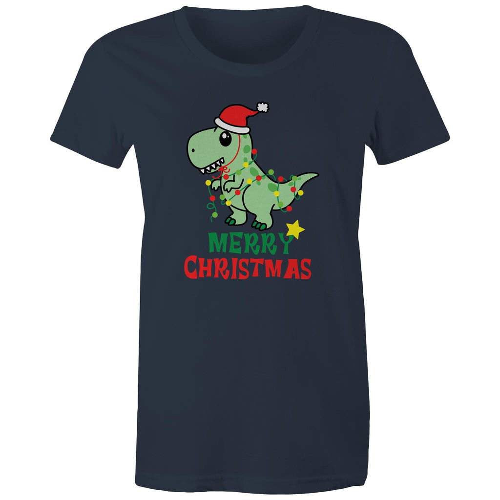 Dinosaur Santa, Merry Christmas - Womens T-shirt Navy Womens Christmas T-shirt Christmas Printed In Australia