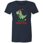 Dinosaur Santa, Merry Christmas - Womens T-shirt Navy Womens Christmas T-shirt Christmas Printed In Australia